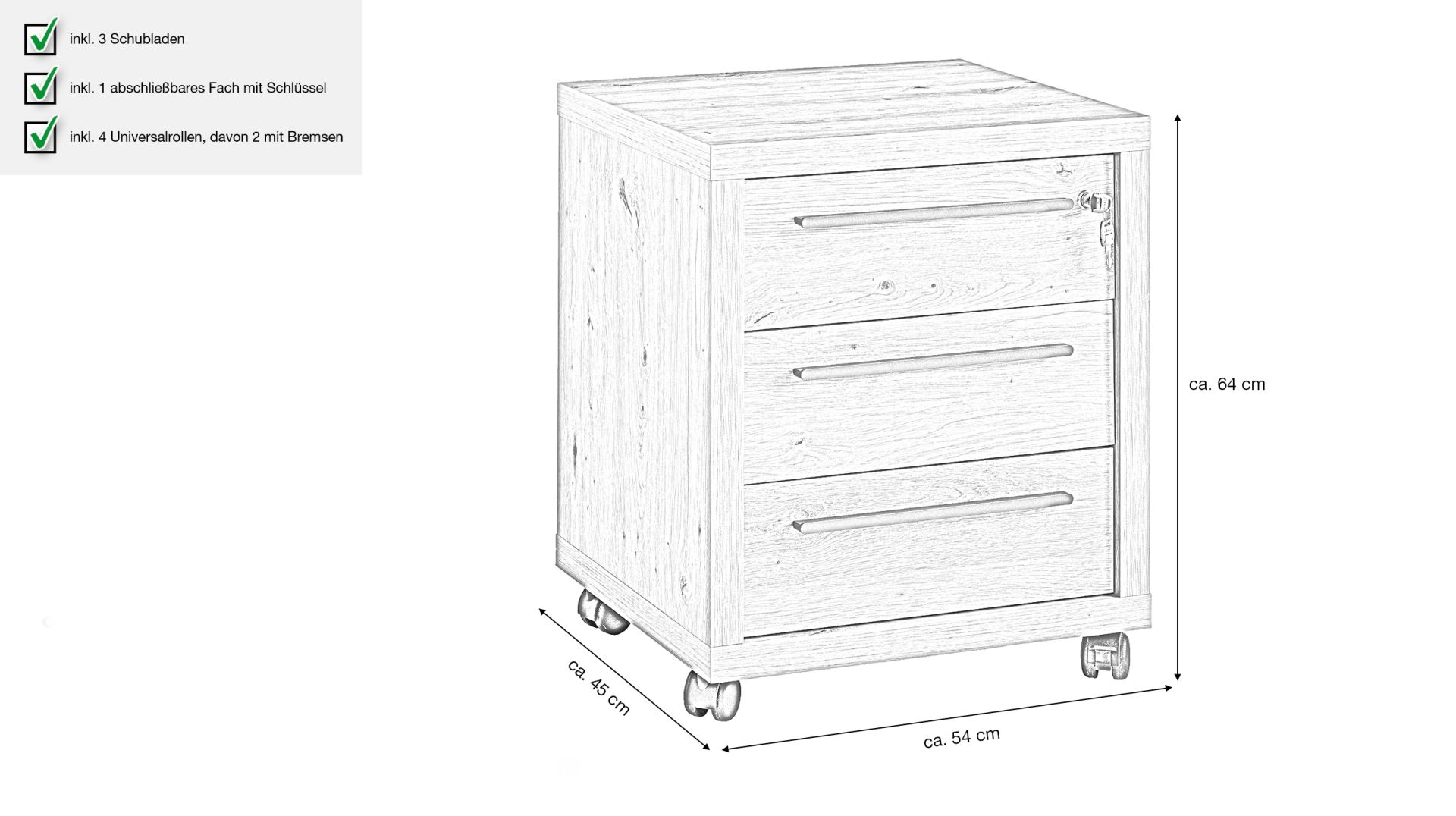 Rollcontainer Artisan Eiche 54 X 64 Cm 3 Schubladen RILEGA