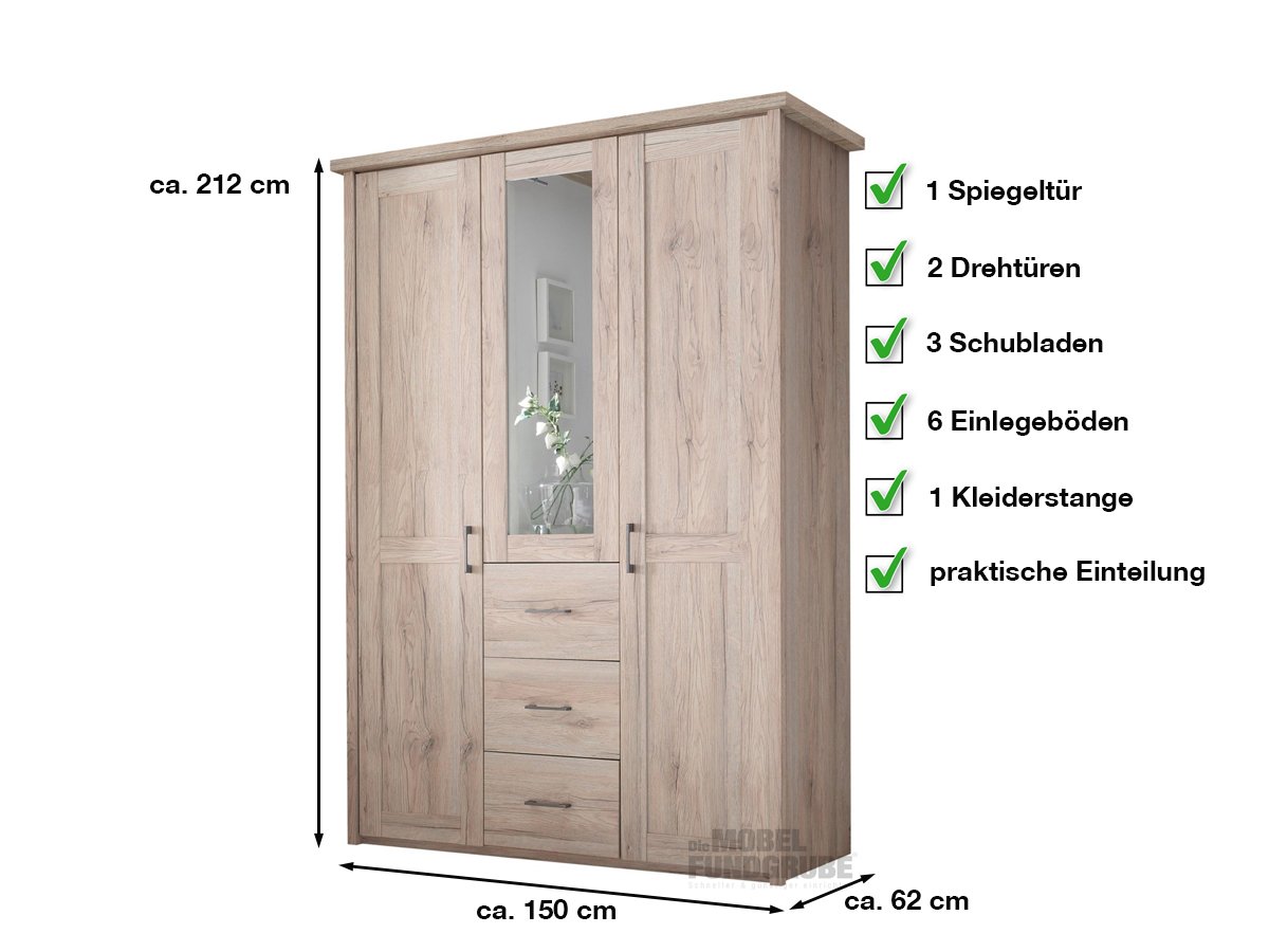 Kleiderschrank mit Spiegel - San Remo Eiche - 150 cm - LUCA