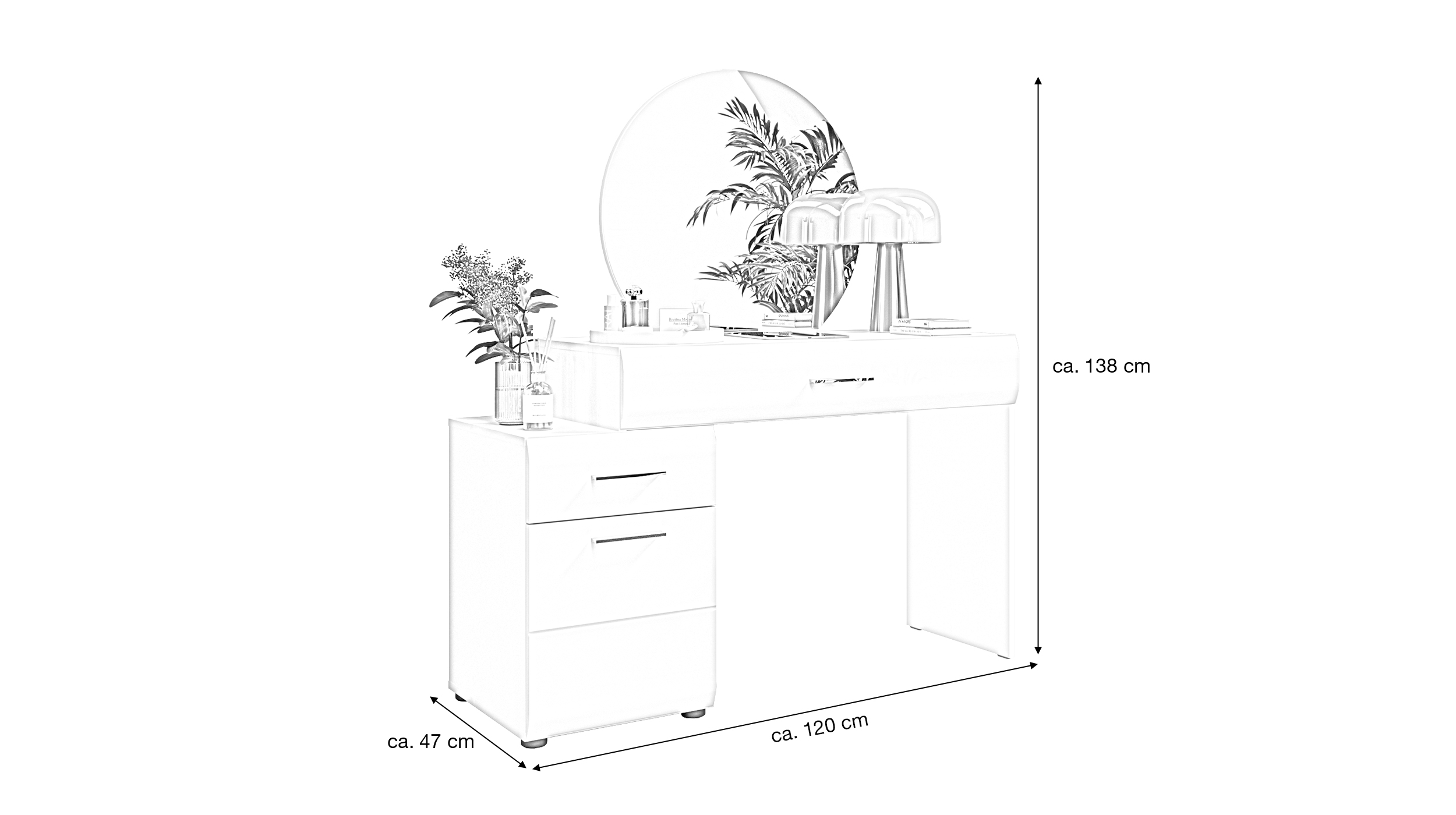 Schminktisch weiß hochglanz 120 cm mit Spiegel - ICE
