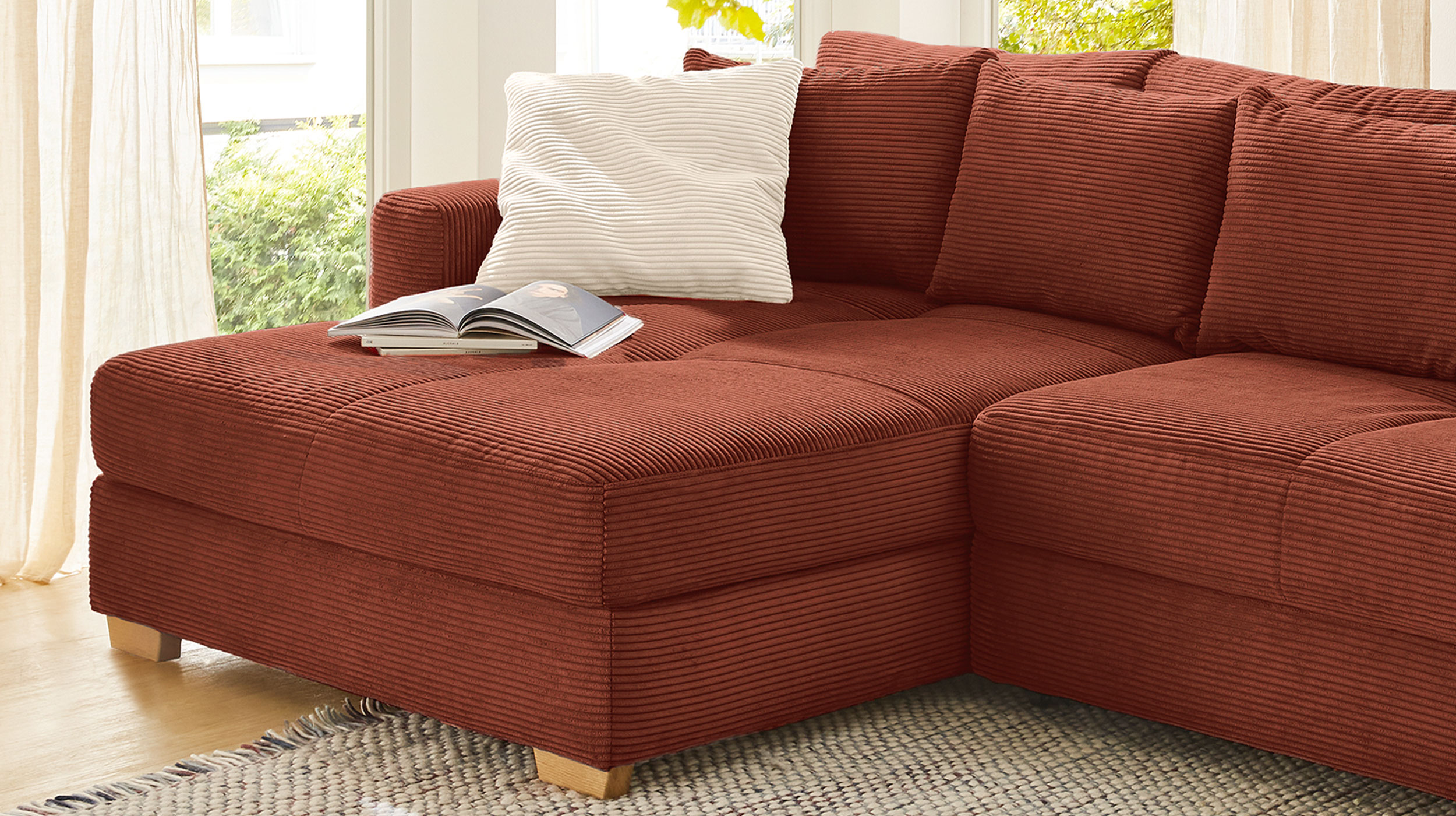 Ecksofa Cord rost Schlaffunktion Bettkasten 288 x 186 cm - KAMPEN