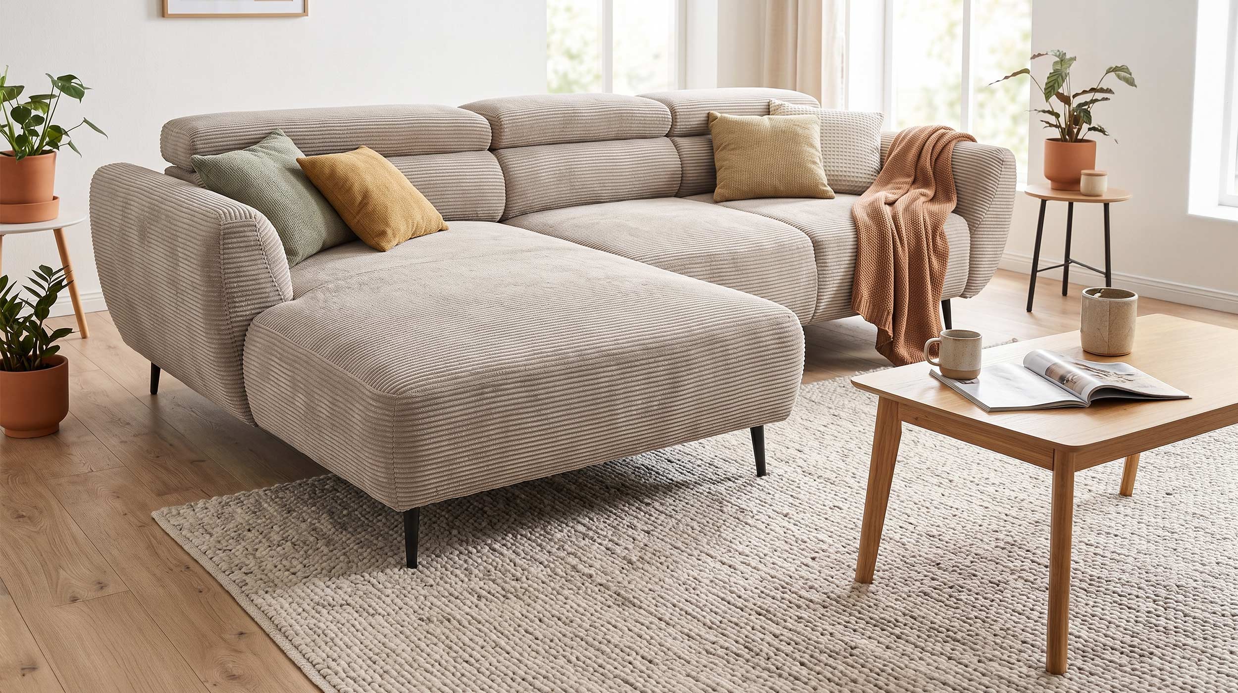 Ecksofa Cord beige elektrisch ausfahrbar 277 cm - OT- links - ALISSON