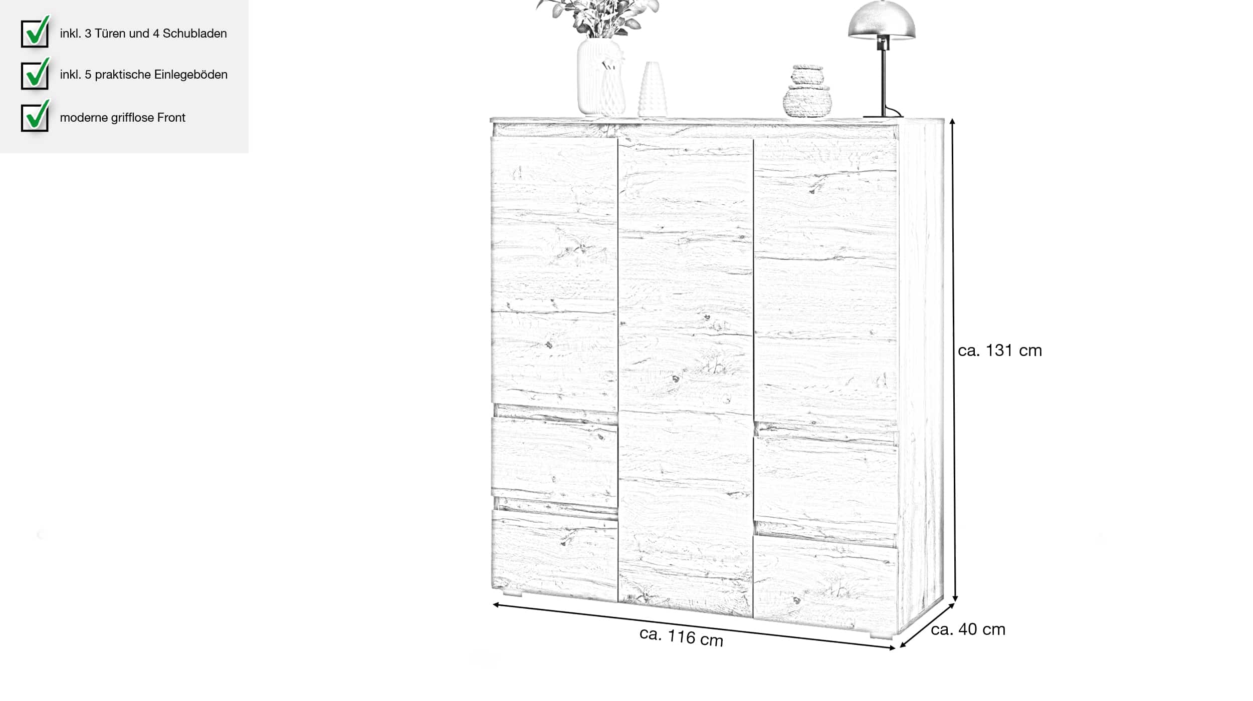 Highboard mit Schubladen - Honig Eiche 116 cm - IMAGE