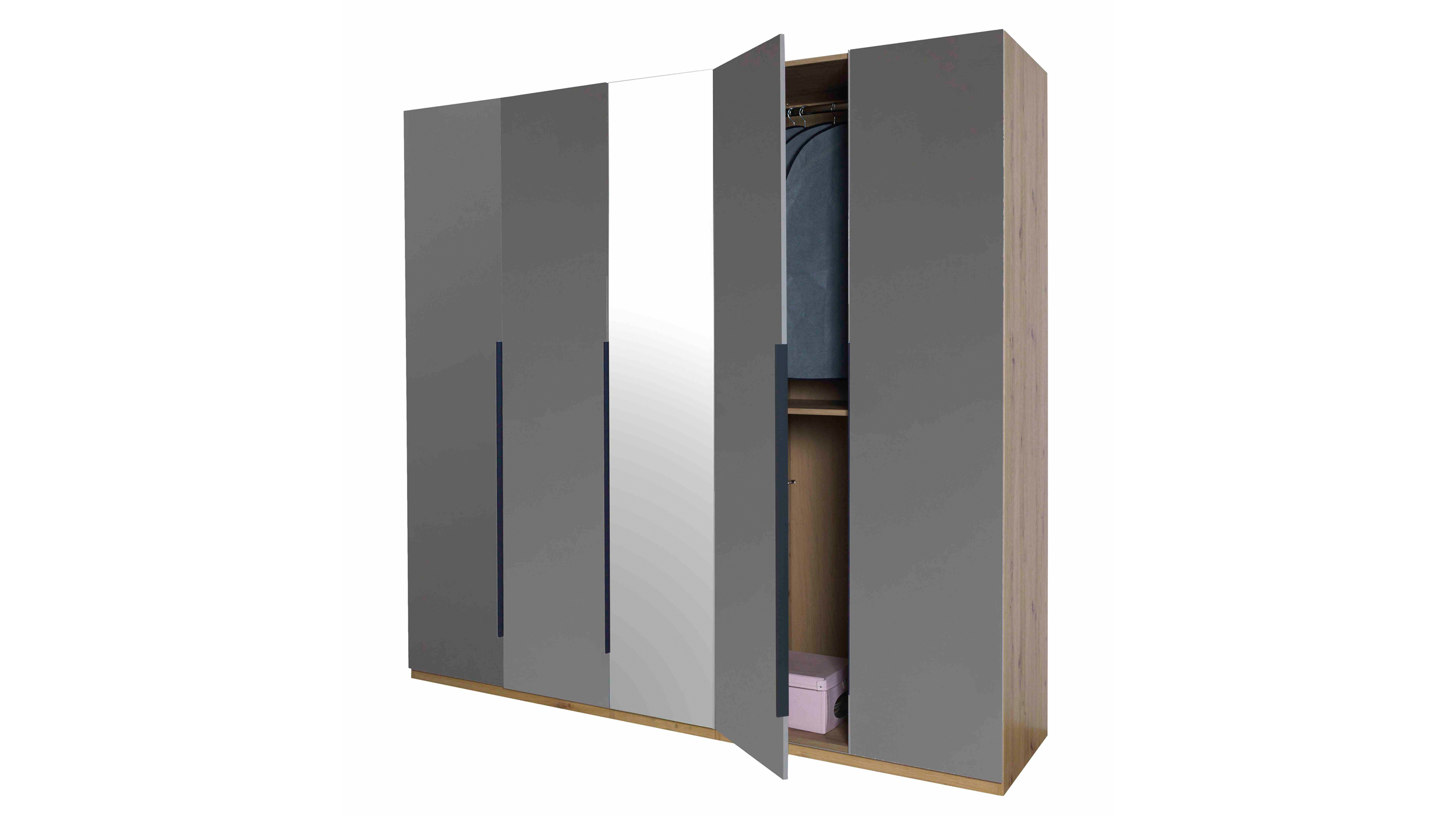 Kleiderschrank mit Spiegel grau hochglanz - Eiche 230 cm - SPOSAMI