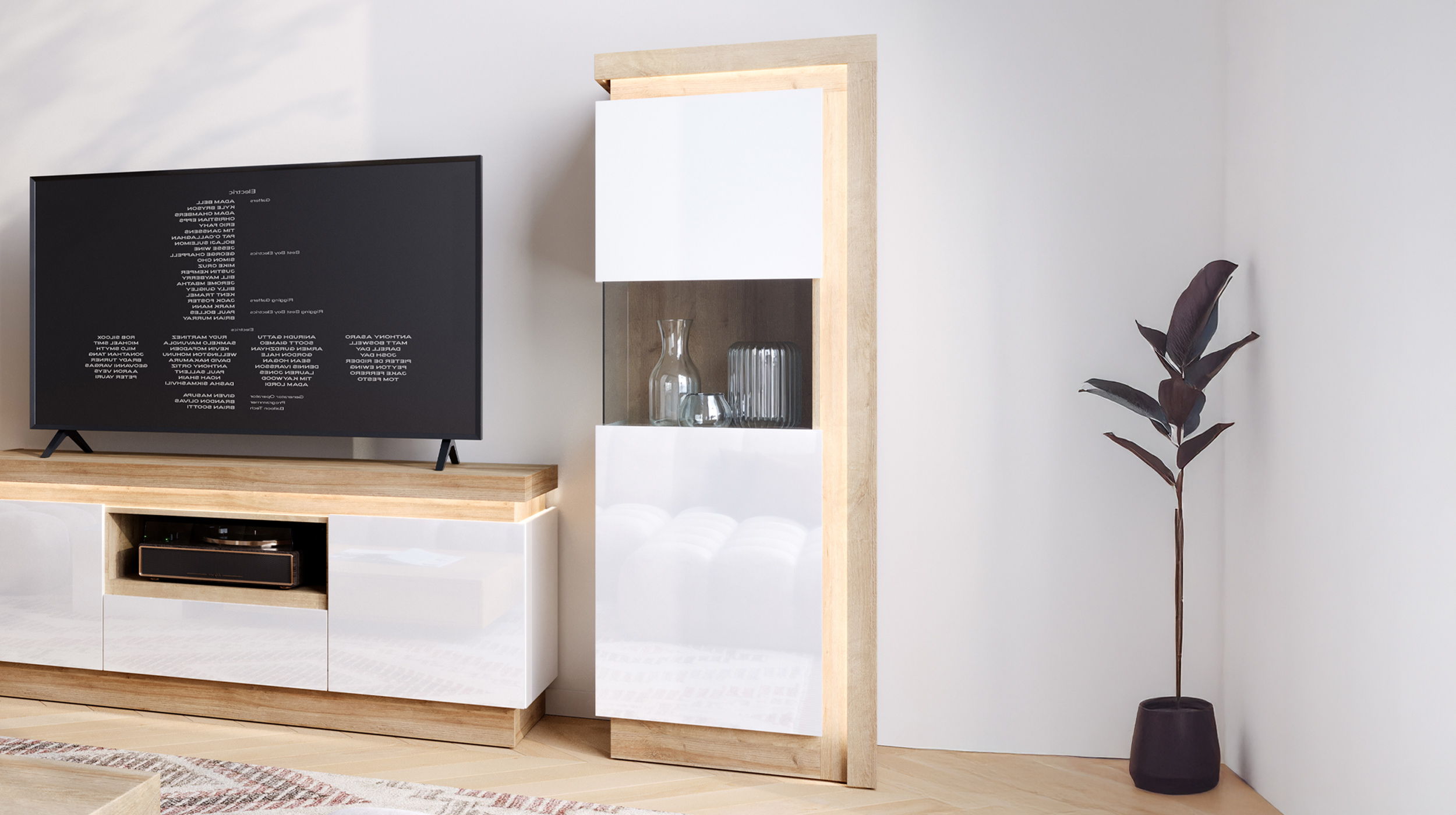 Vitrine mit Beleuchtung weiß Hochglanz - Riviera Eiche Breite 60 cm - LYON