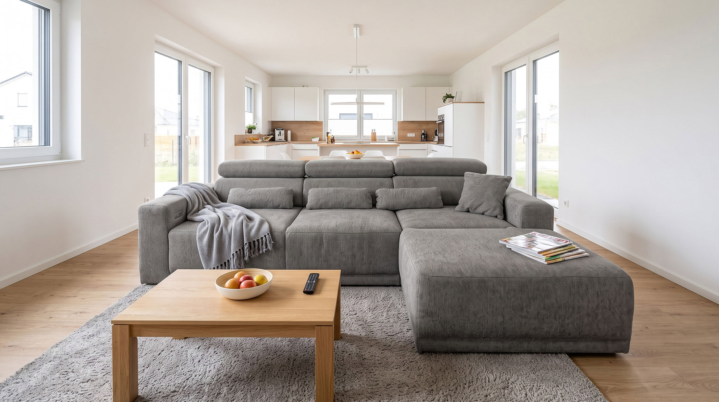 Ecksofa grau elektrisch ausfahrbar 285 cm - OT rechts - CASSIO 