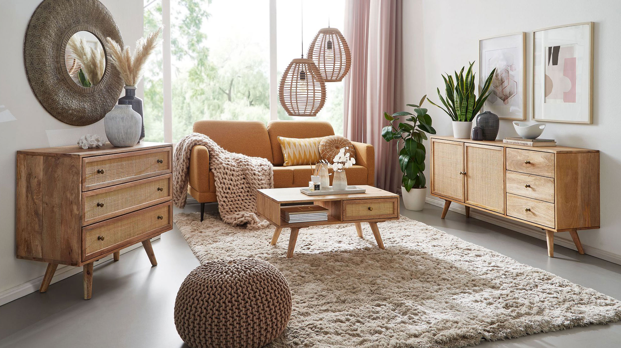 Couchtisch mit Schublade Mango massiv - Rattan 90 x 40 cm - RIKARD