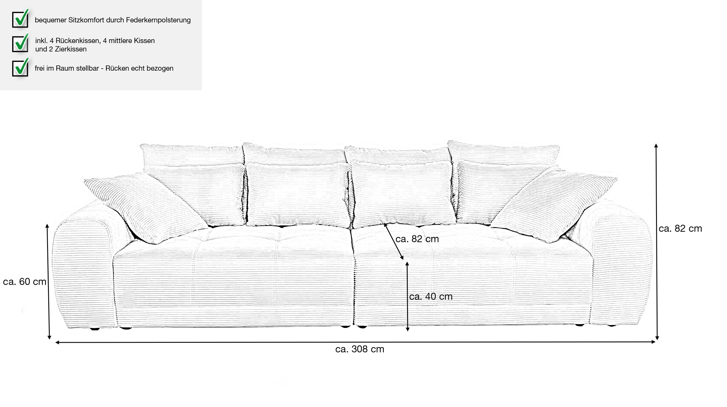 Big Sofa Cord grün - 308 cm Federkernpolsterung - JANNI