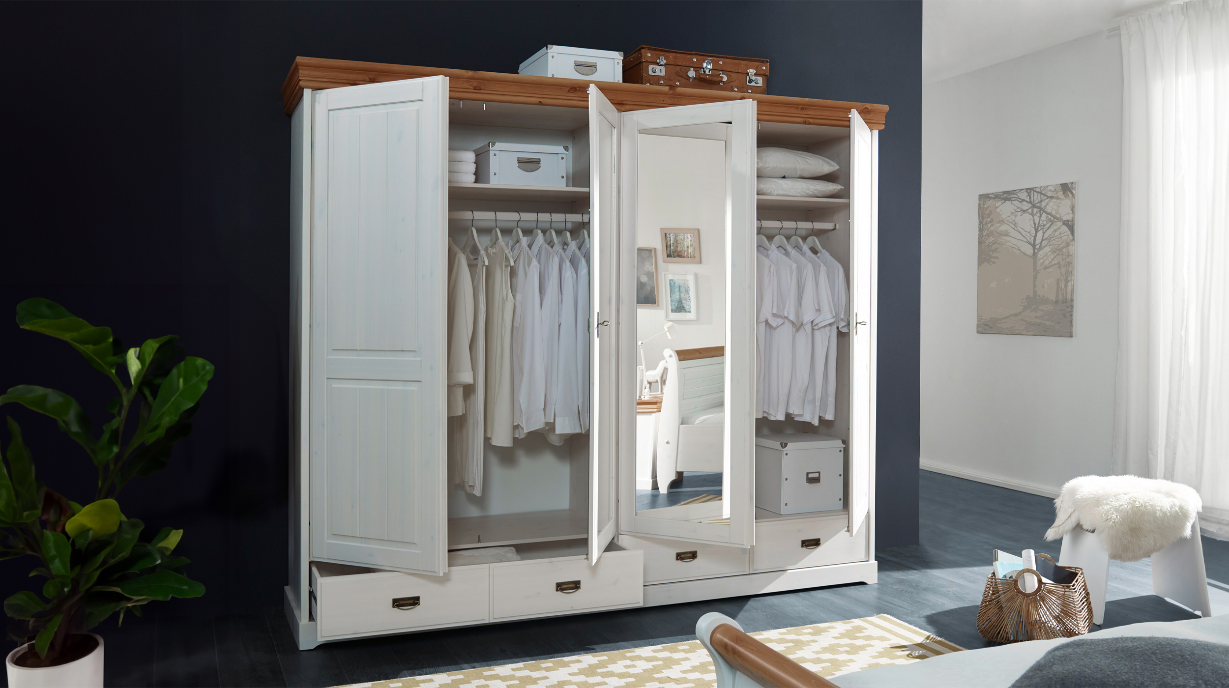 Kleiderschrank Spiegel - Kiefer Massivholz weiß - 255 cm - MATILDA