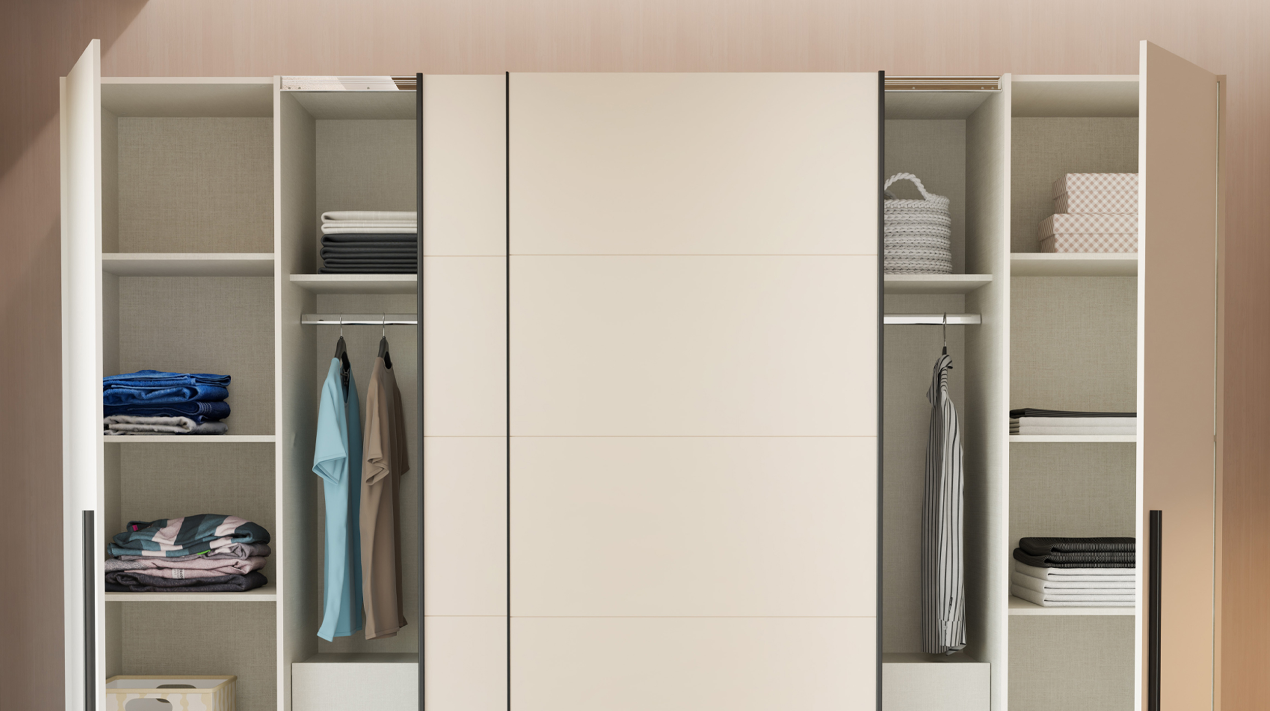 Kleiderschrank beige - 270 cm - Schwebetüren - mit 2 Schubladen - NARAGO