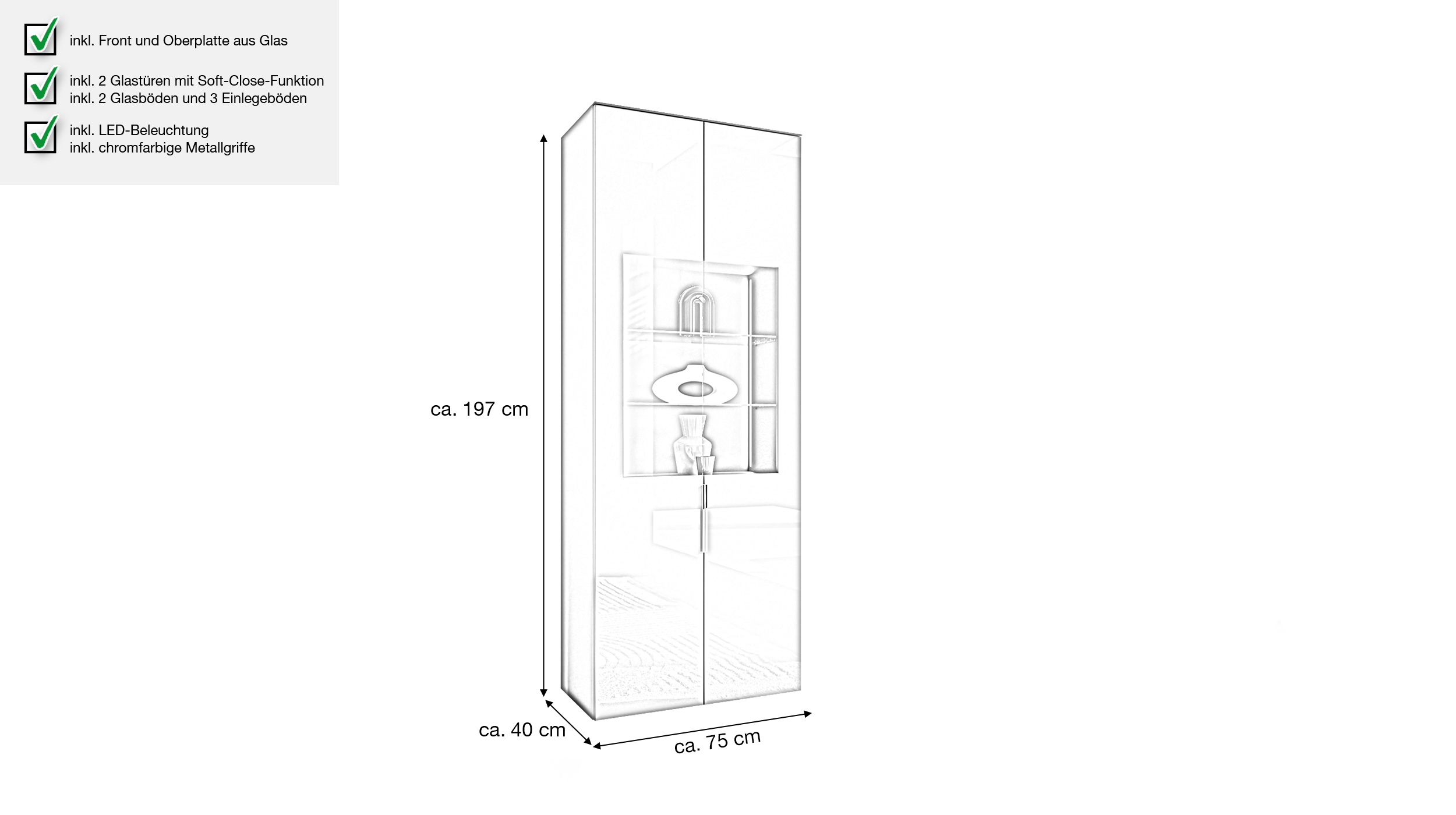 Vitrine mit Beleuchtung anthrazit - Glasfront - Breite 75 cm - SANTORIN