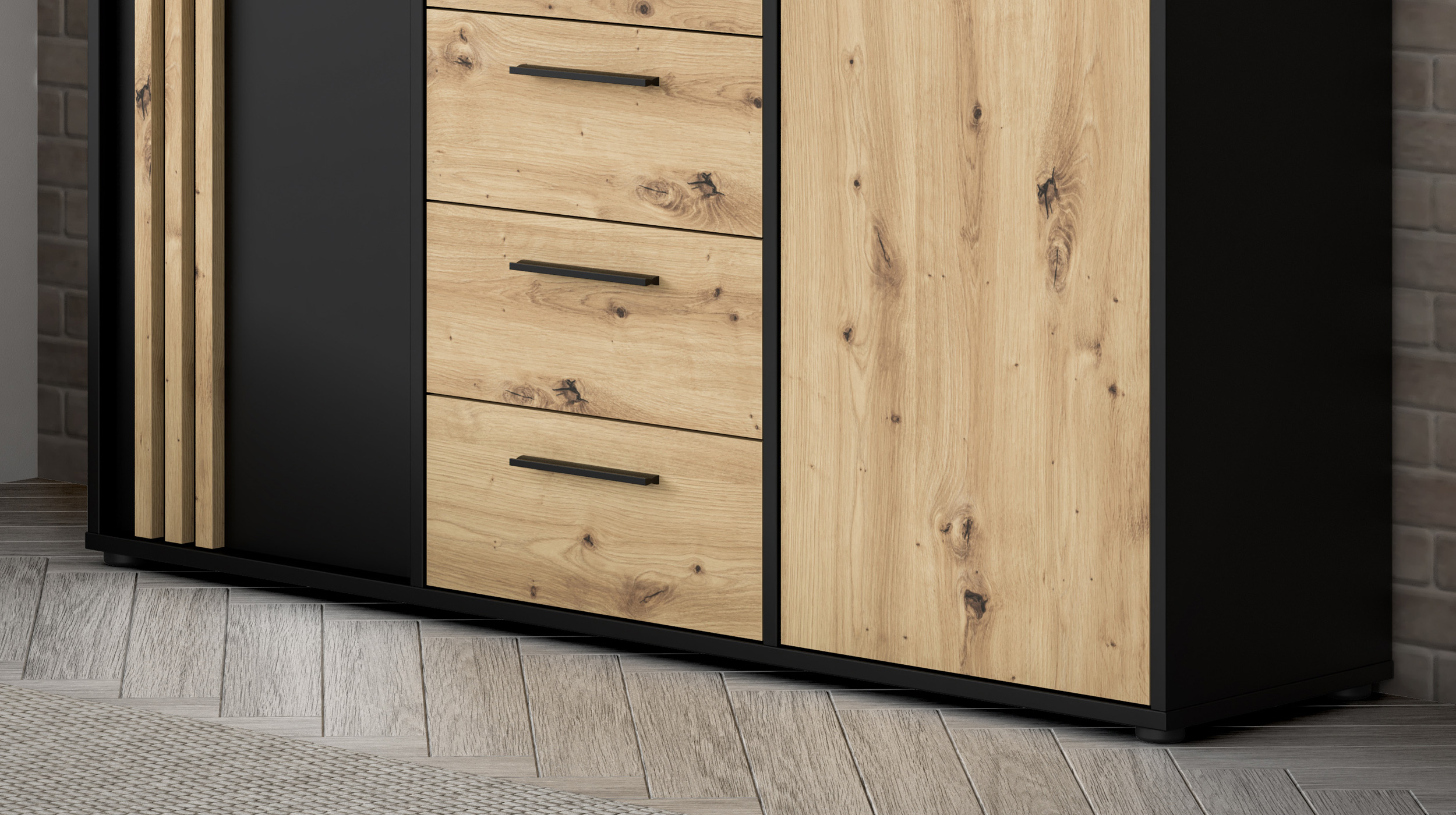 Kommode mit 4 Schubladen Artisan Eiche - schwarz 143 x 34 cm - CARDIGAN