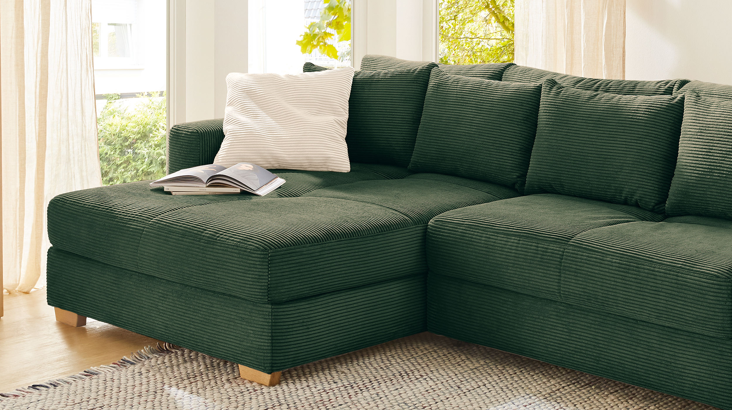 Ecksofa Cord grün Schlaffunktion Bettkasten 288 x 186 cm - KAMPEN