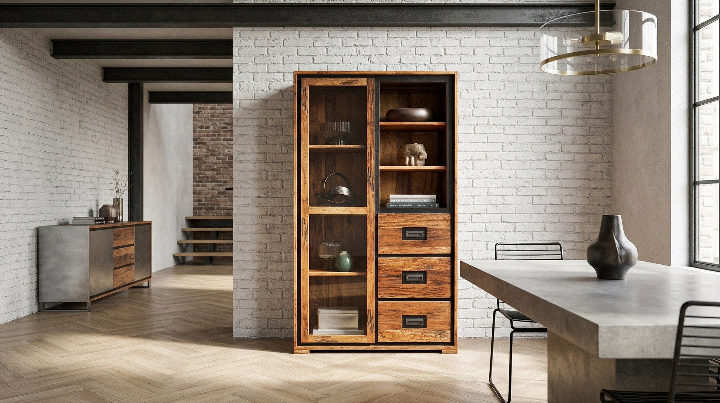 Vitrine Akazie Altholz massiv montiert - 100 cm Glastür - NARVIK