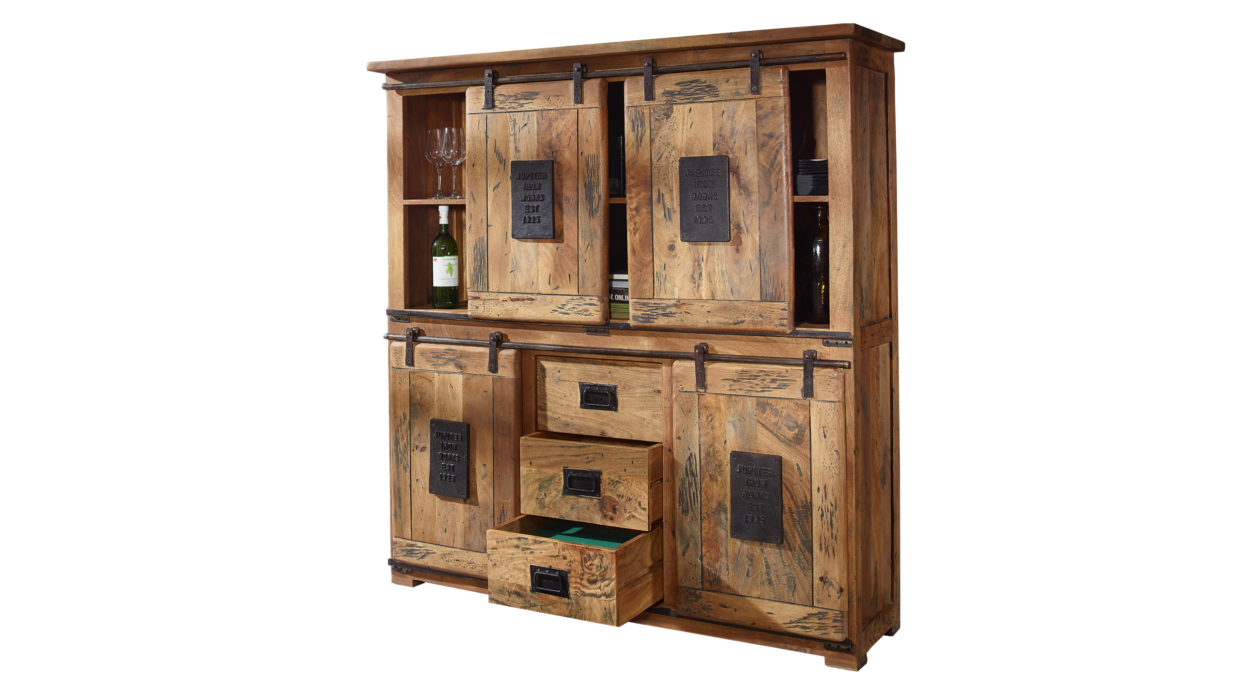 Highboard mit 4 Rolltüren Mango massiv 150 cm - montiert - EMANUEL