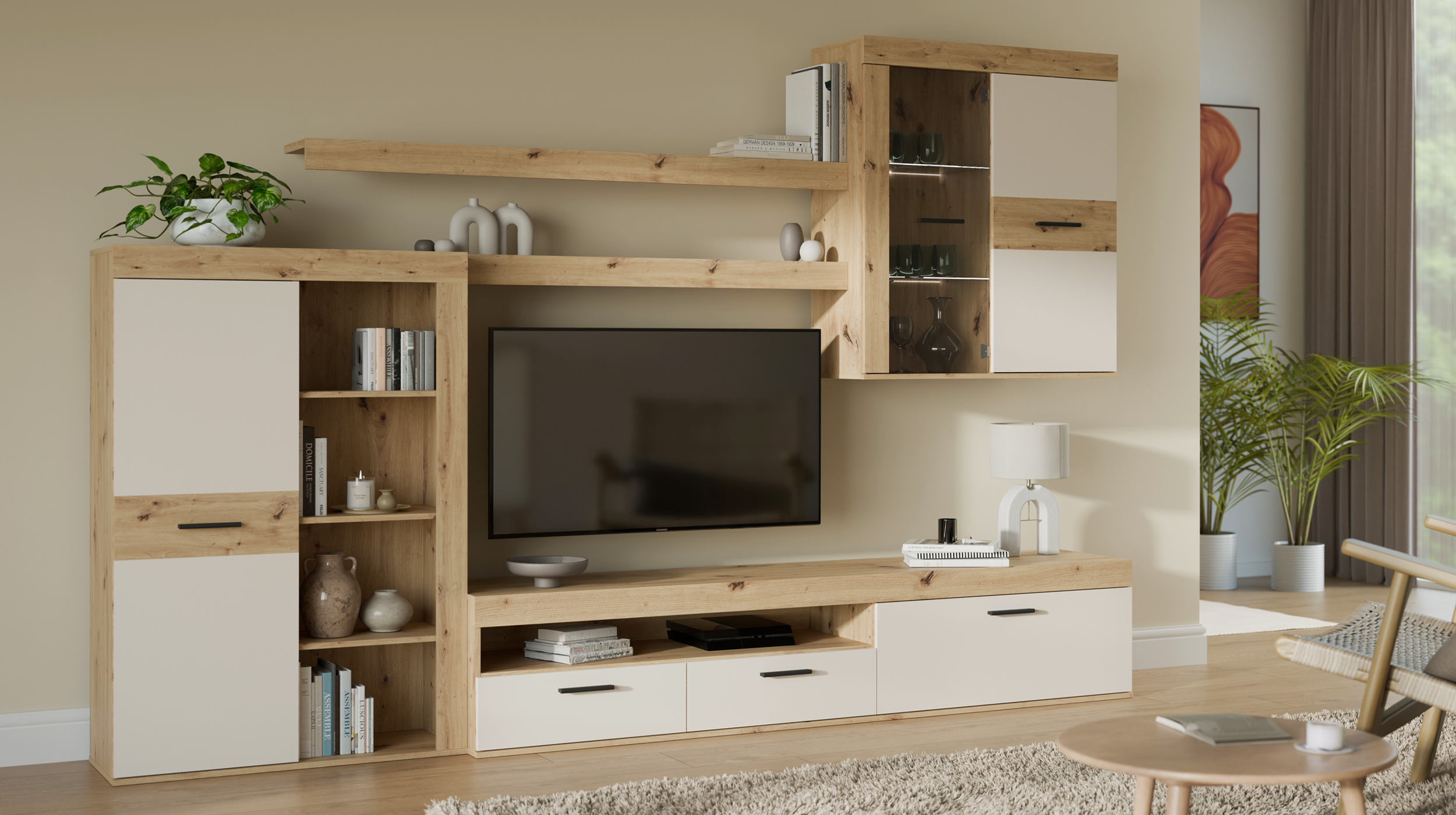 Wohnwand beige Artisan Eiche 300 cm LED-Beleuchtung - ZUMBA
