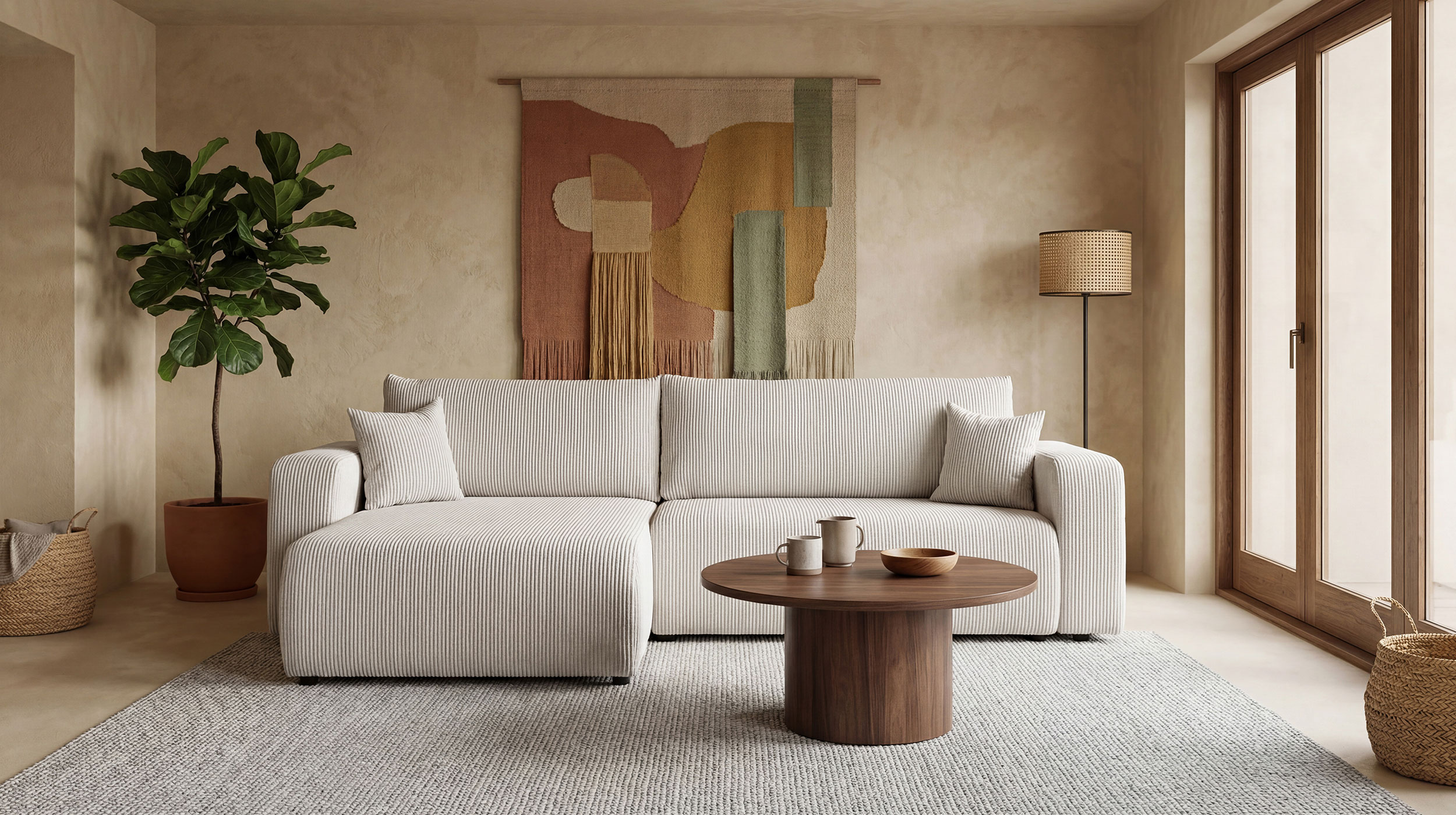 Ecksofa Cord creme Schlaffunktion Bettkasten 270 x 186 cm - HONOLULU