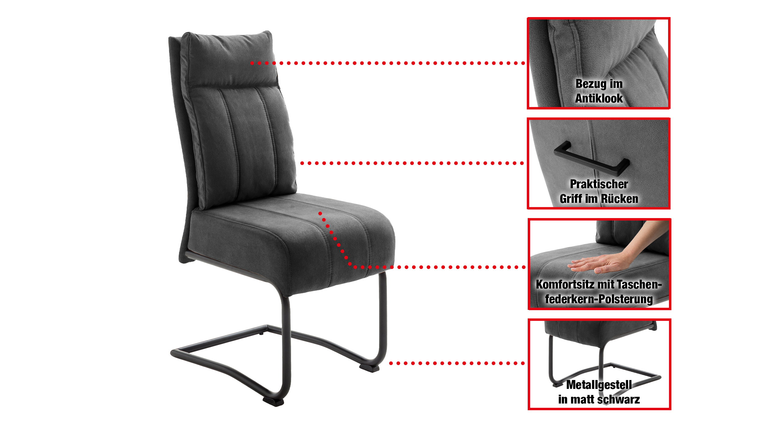 Schwingstuhl grau mit Taschenfederkern-Polsterung - Luxus Komfortsitz - AZUL