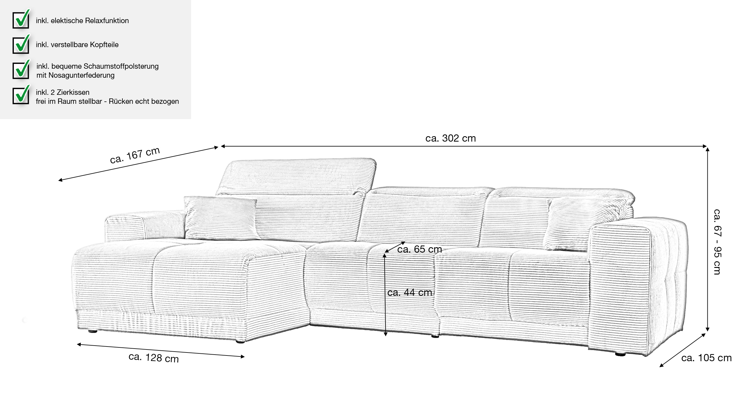 Ecksofa Cord grau 302 x 167 cm mit Relaxfunktion - OT links - TONI