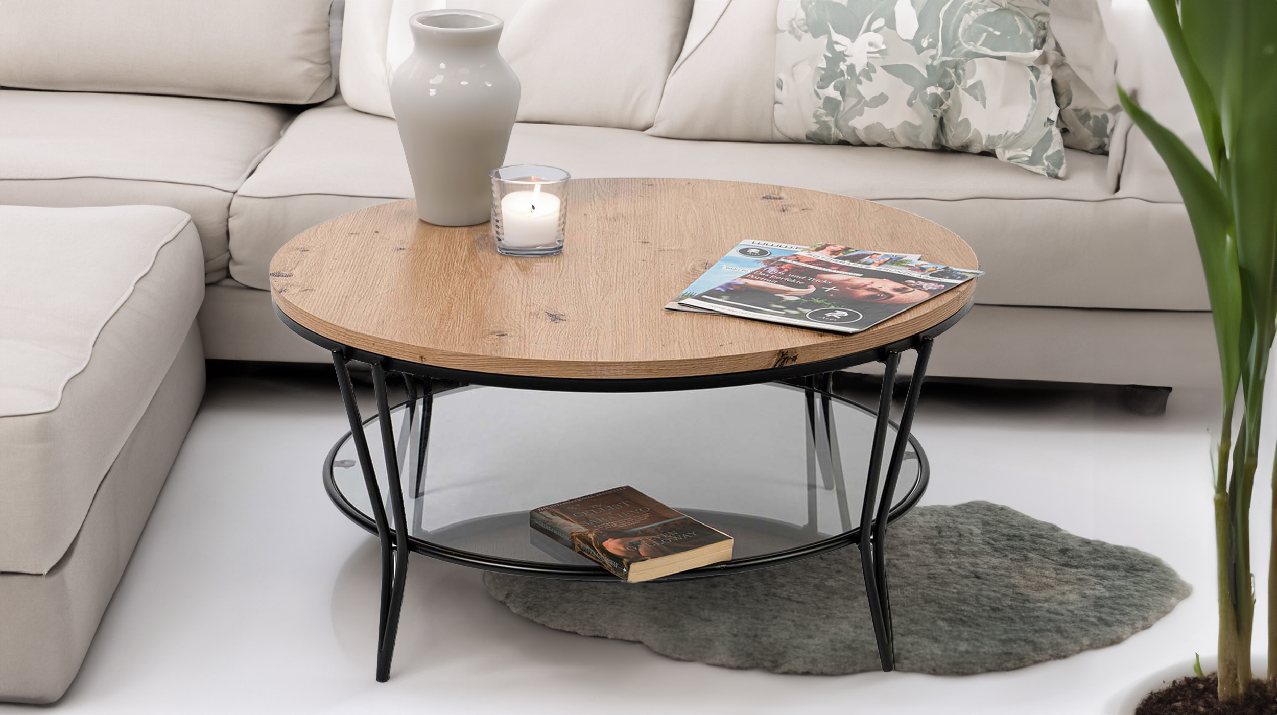 Couchtisch rund 80 cm Artisan Eiche - schwarz - FLORENZ