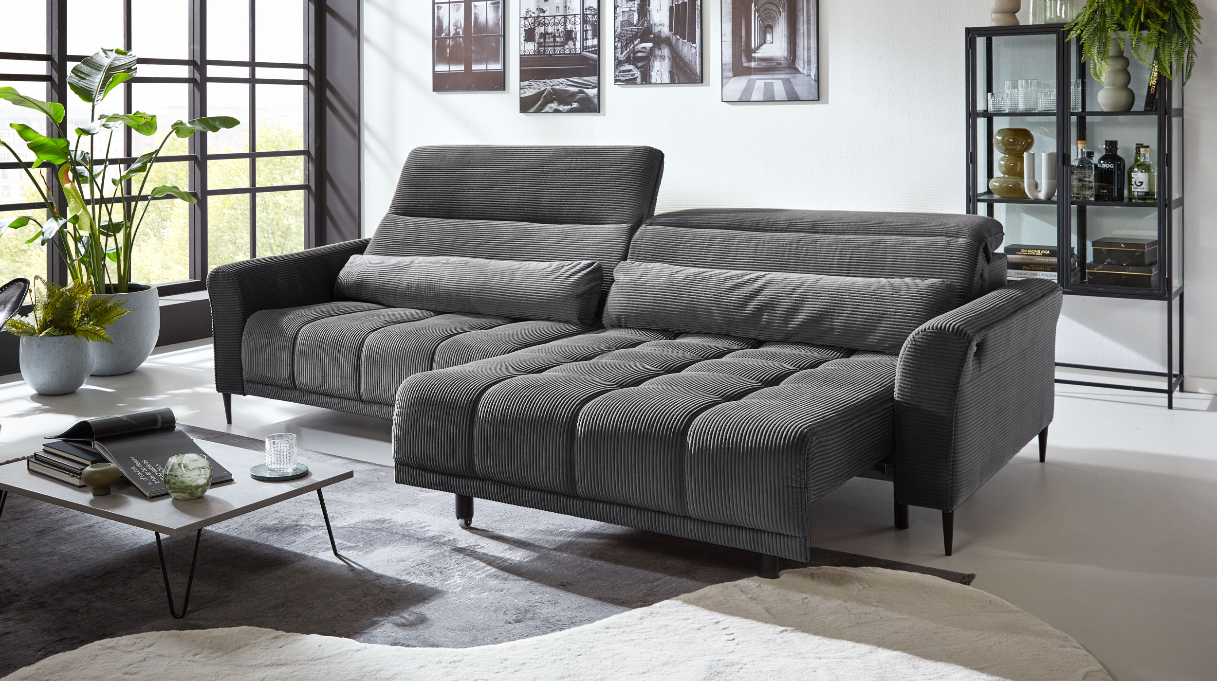 Big Sofa Cord grau - 280 cm - Nosagunterfederung - LOGAN 