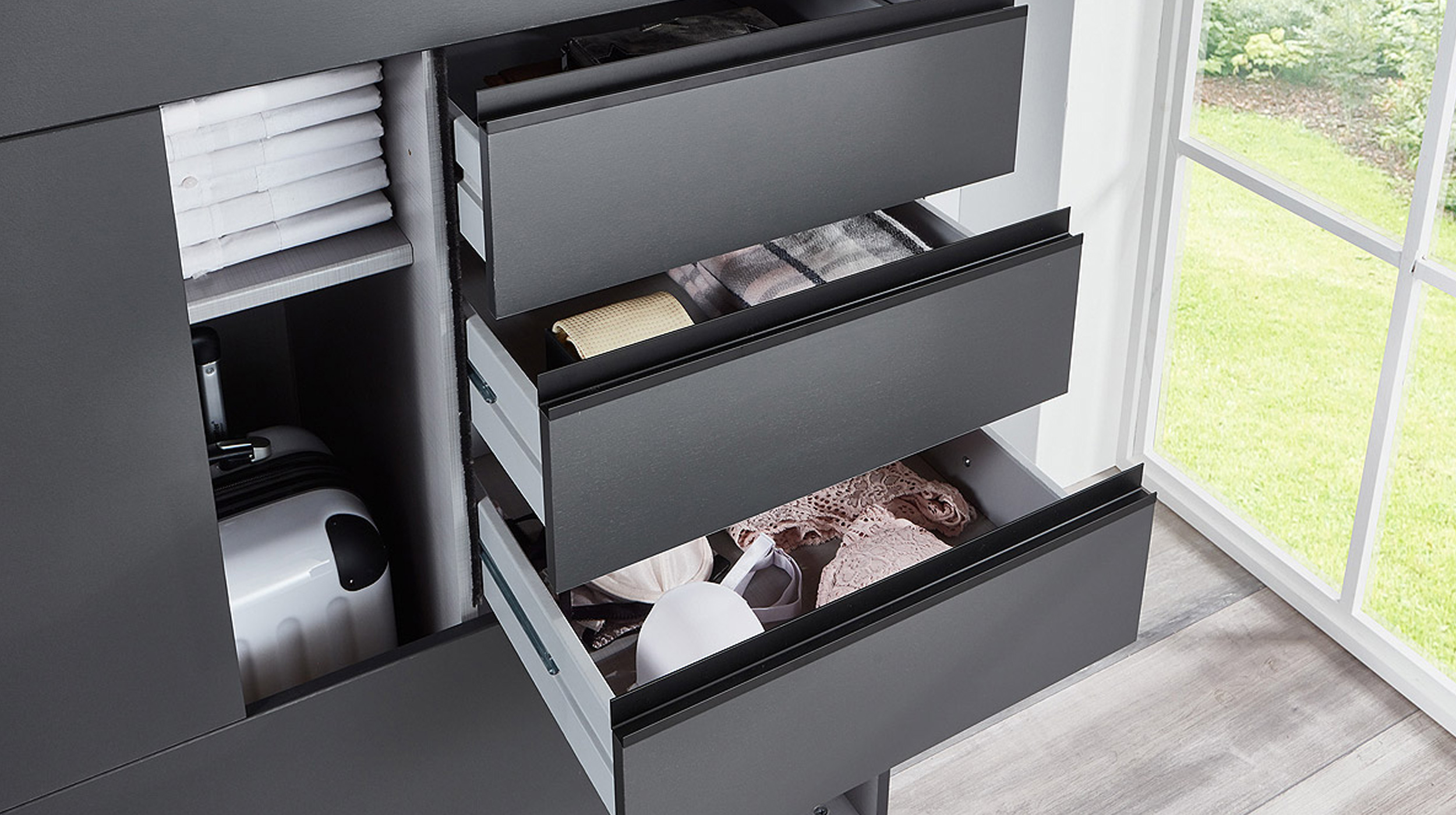 Schwebetürenschrank graphit - schwarz - Glasfront - 270 cm - SAIGON