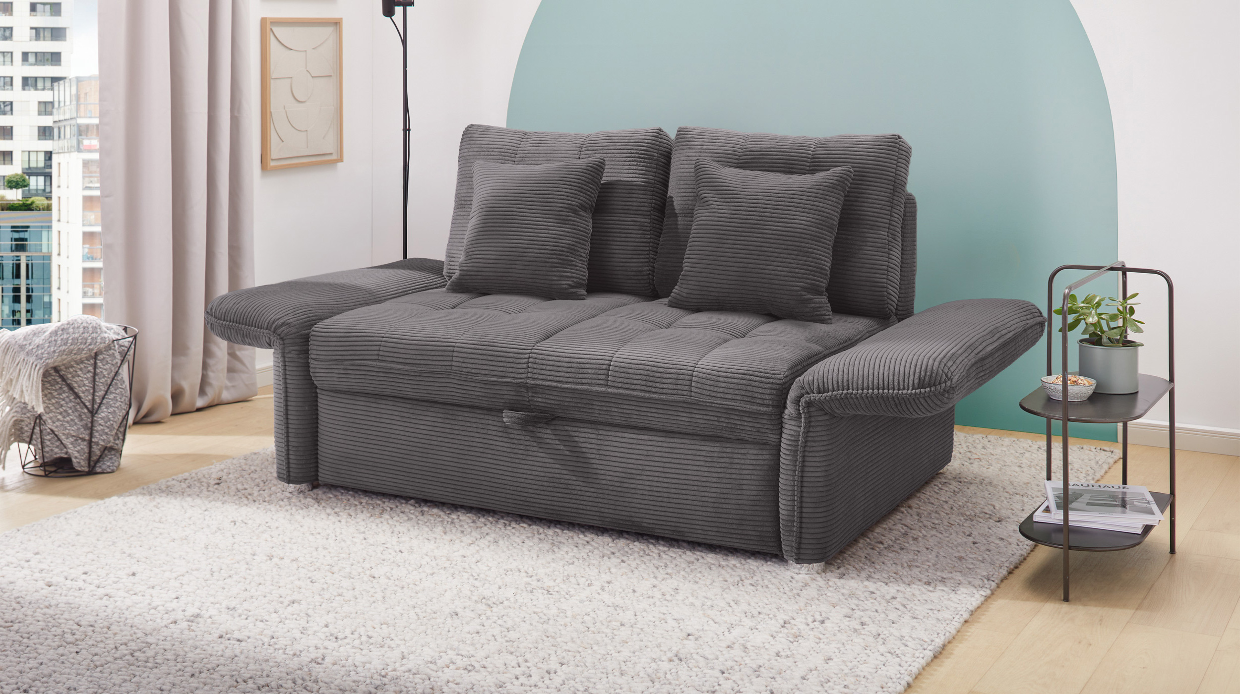 Schlafsofa Cord grau ausziehbar 147 x 105 cm - LEON