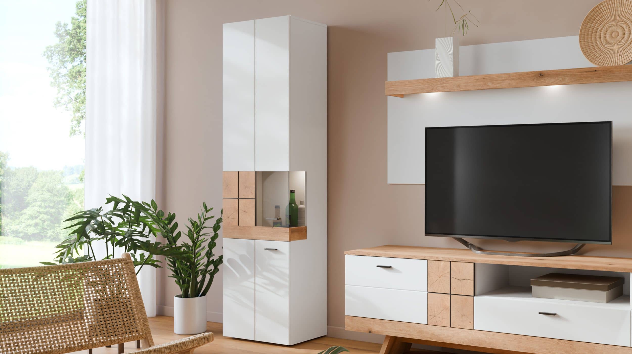Vitrine mit Glastür weiß Hochglanz - Coast Evoke Eiche 55 cm - ORETA