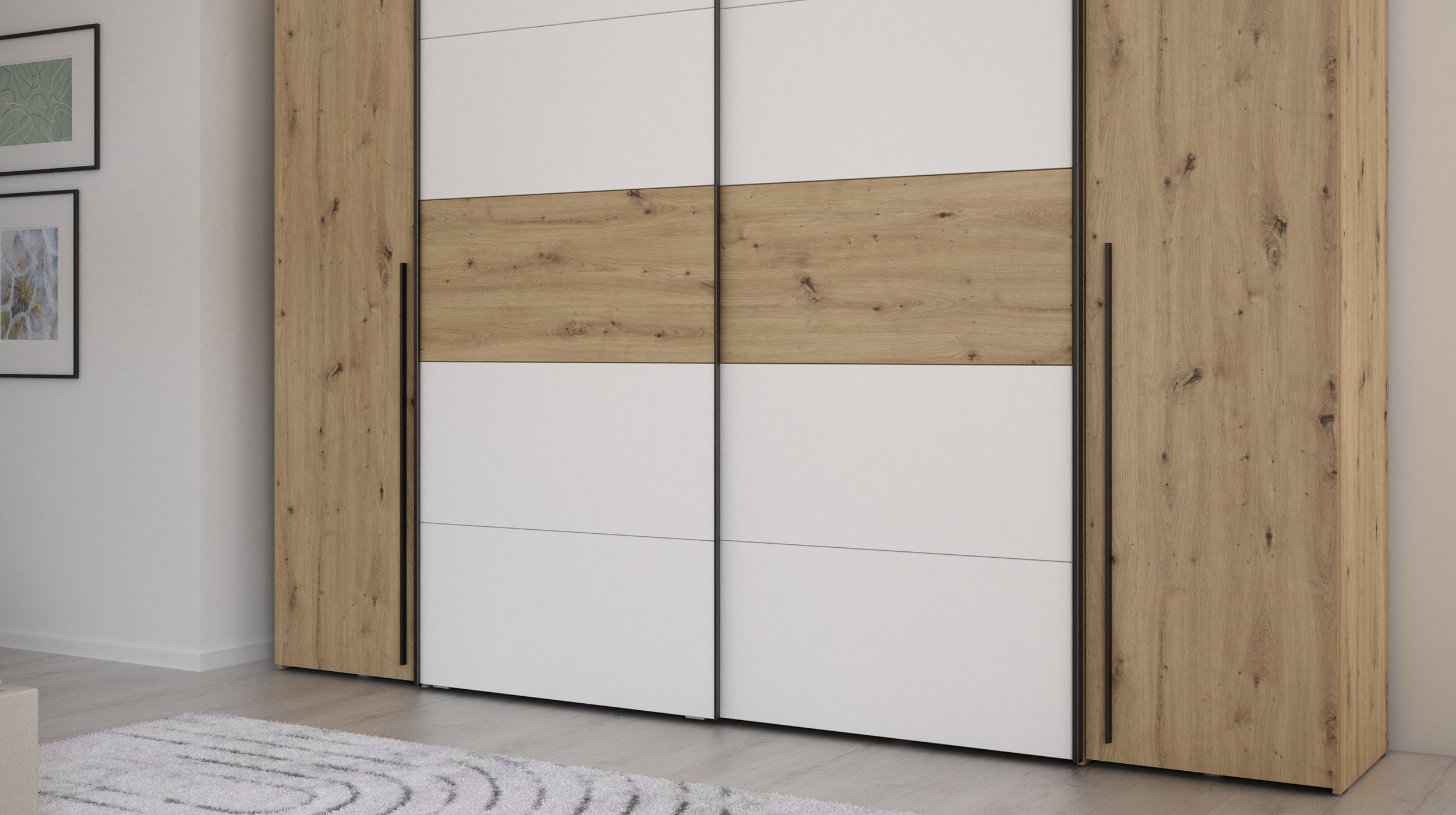 Kleiderschrank Artisan Eiche - weiß - 270 cm - Schwebetüren - NARAGO