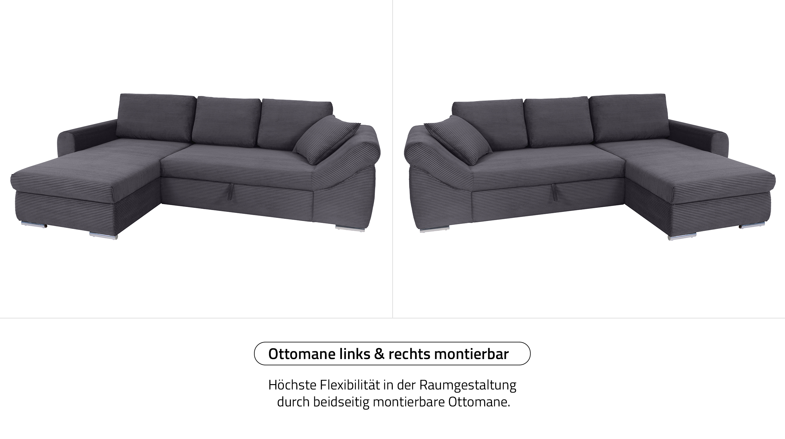 Ecksofa Schlaffunktion Bettkasten anthrazit Cord - RAMONA