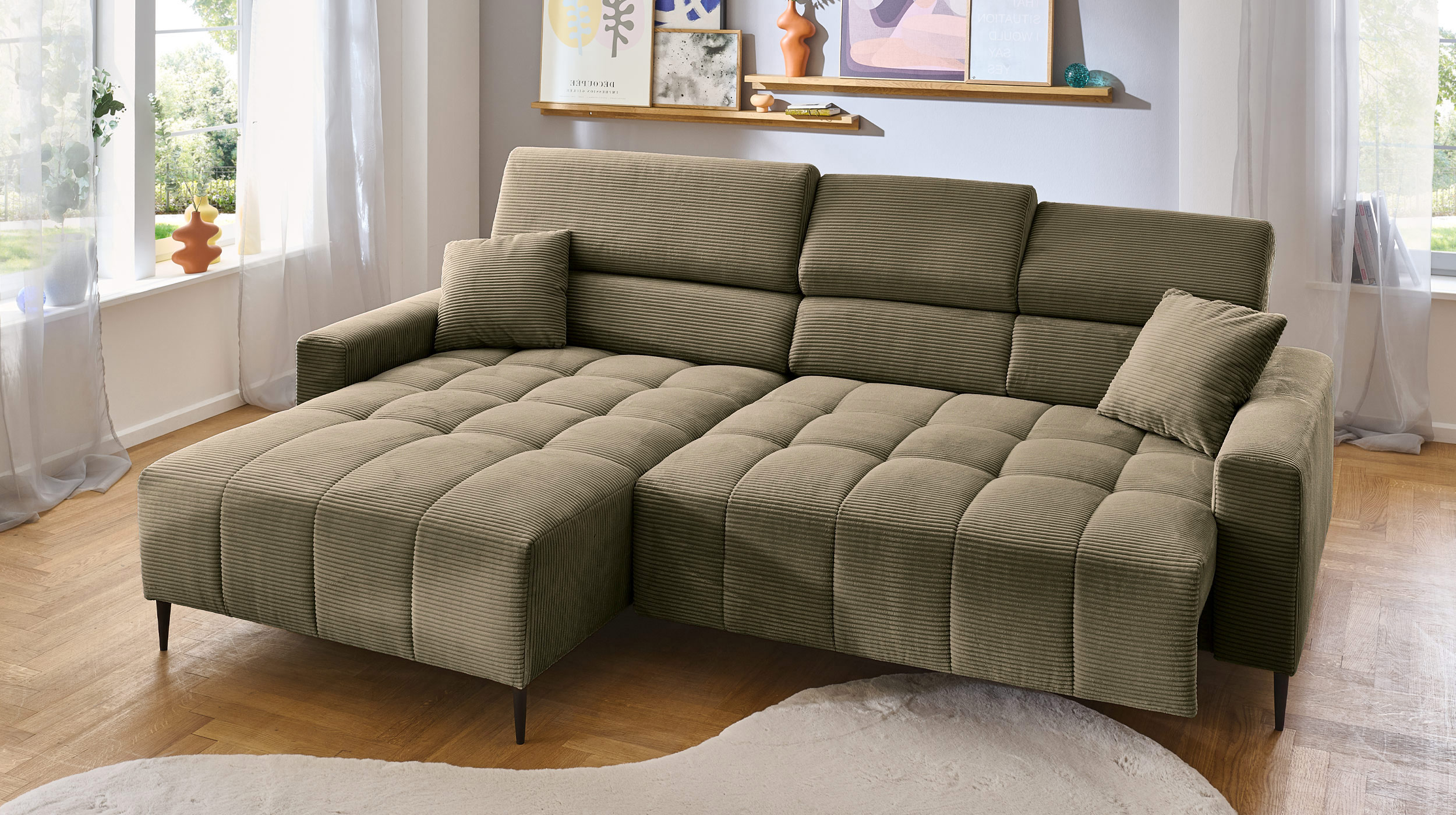 Ecksofa Cord grün ausziehbar - Sitztiefenverstellung 256 cm - SIMPLE