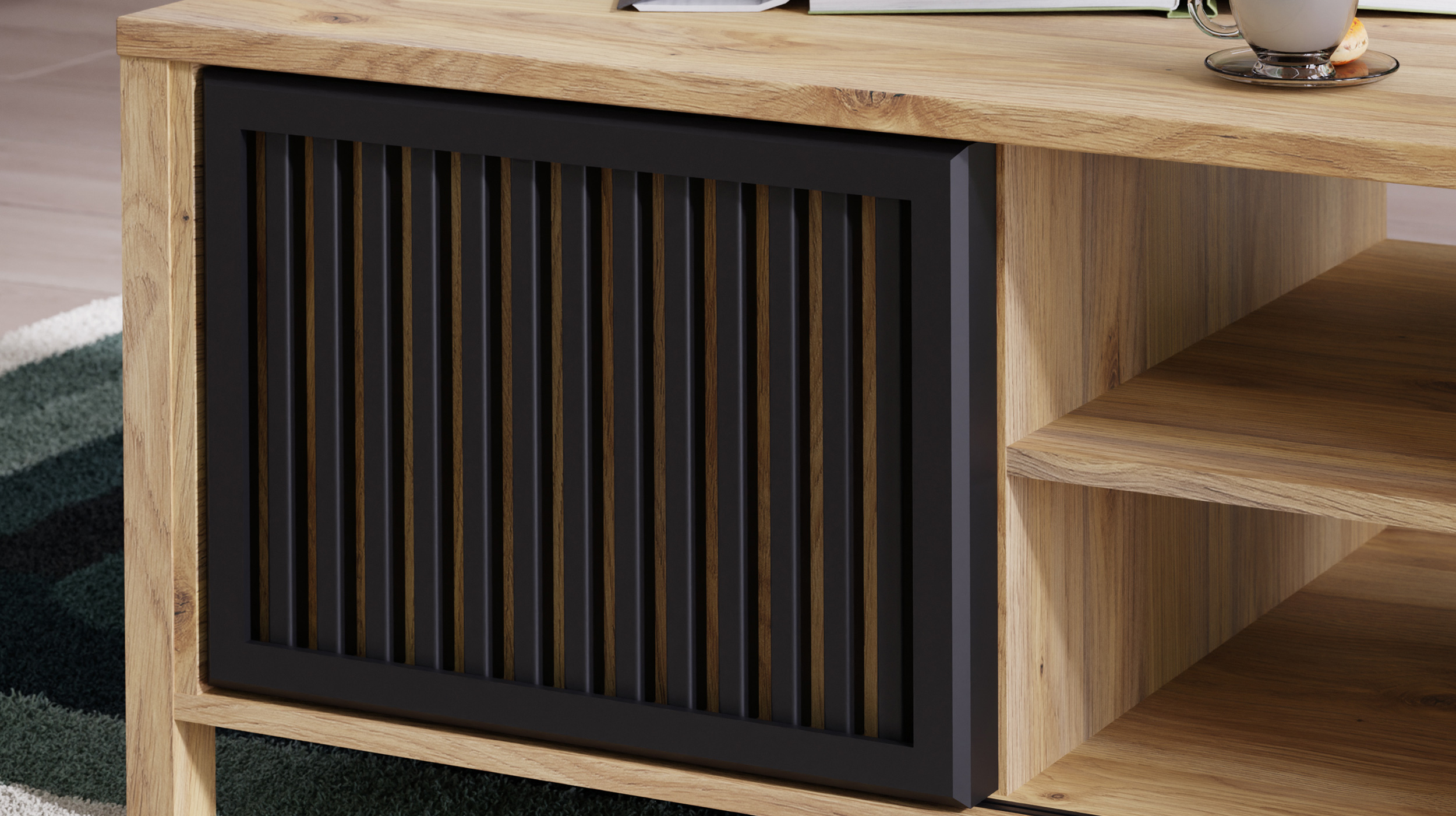 Couchtisch - Schiebetür - Eiche - schwarz - 106 cm - JYTANA