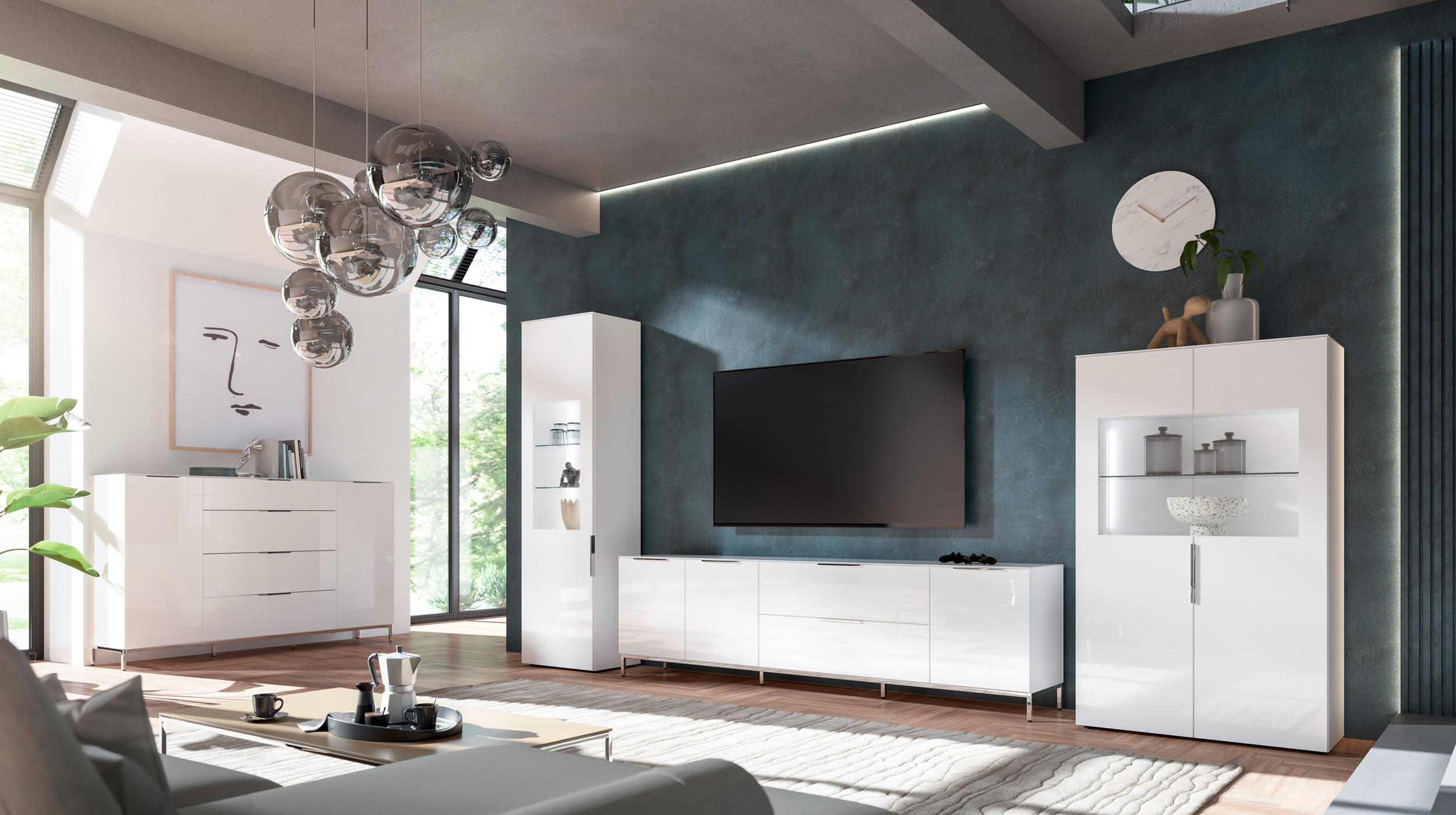 Vitrine mit Beleuchtung weiß - Glasfront - Breite 90 cm - SANTORIN