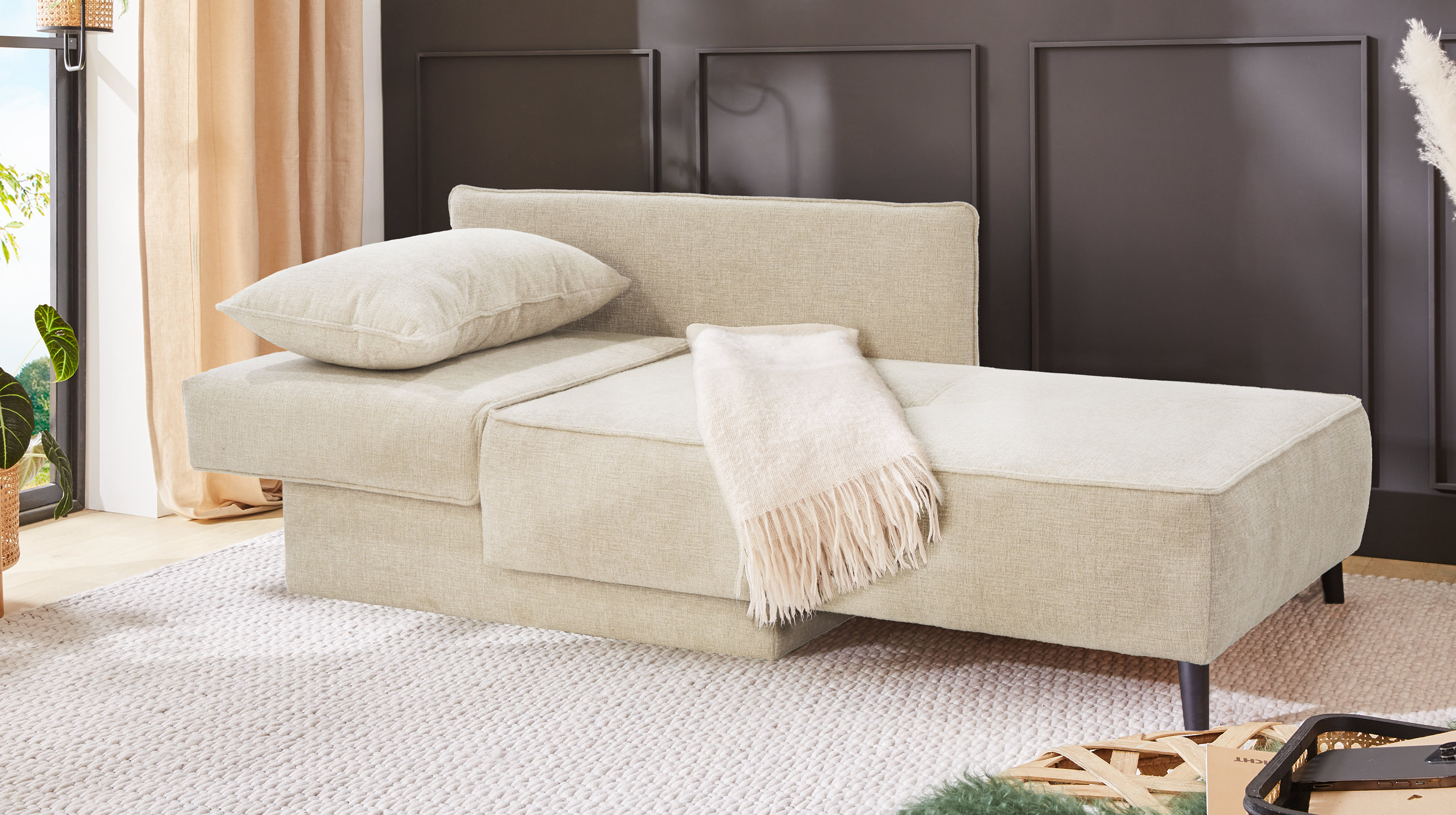 Einzelsofa Chenille beige 155 cm Recamiere mit Schlaffunktion - REX