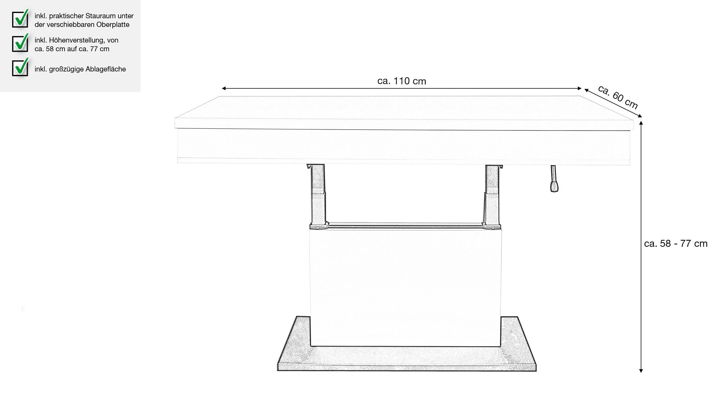 Couchtisch höhenverstellbar weiß 110 x 60 cm - LIFT