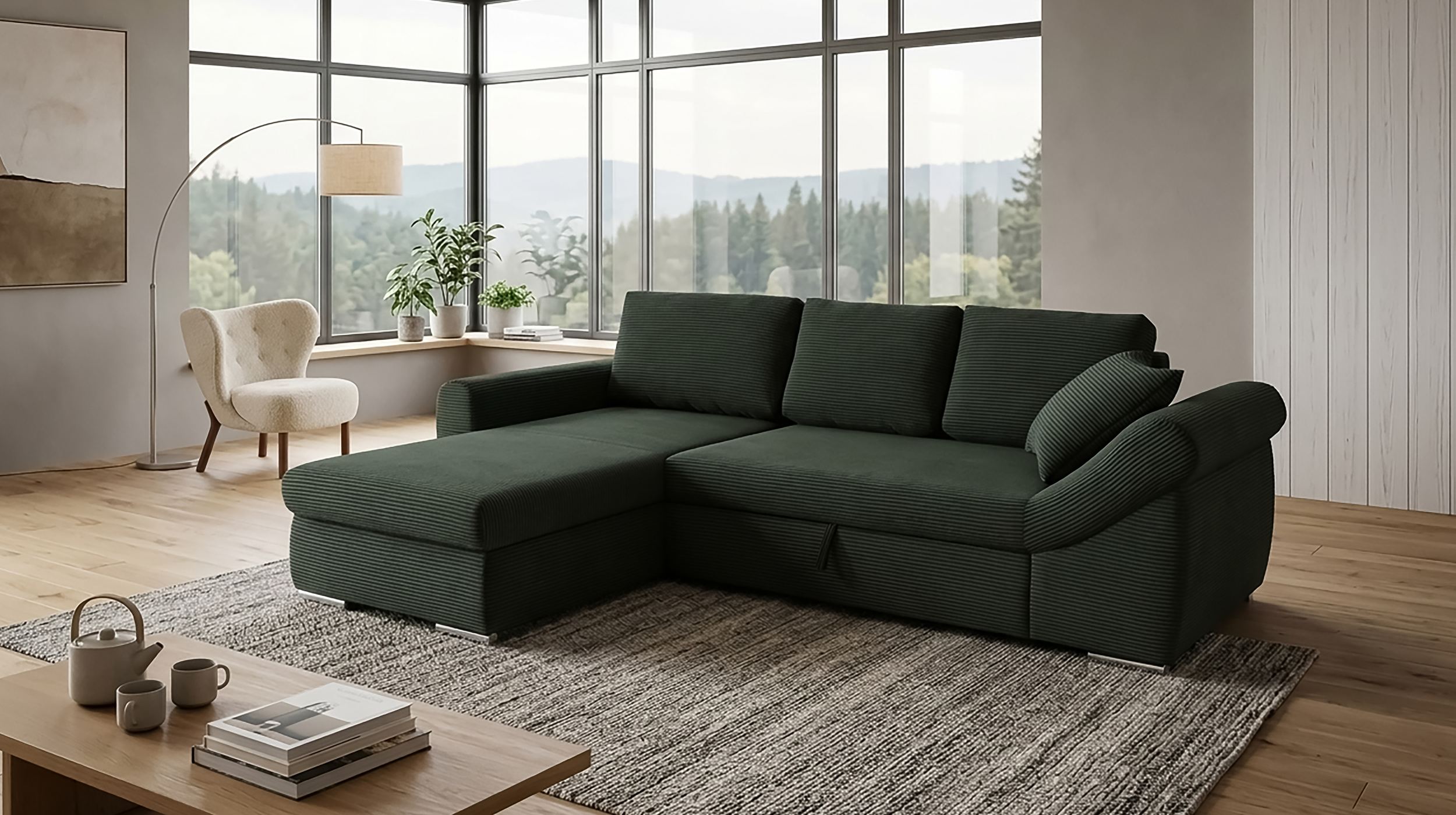 Ecksofa Schlaffunktion Bettkasten grün Cord 261 cm - RAMONA