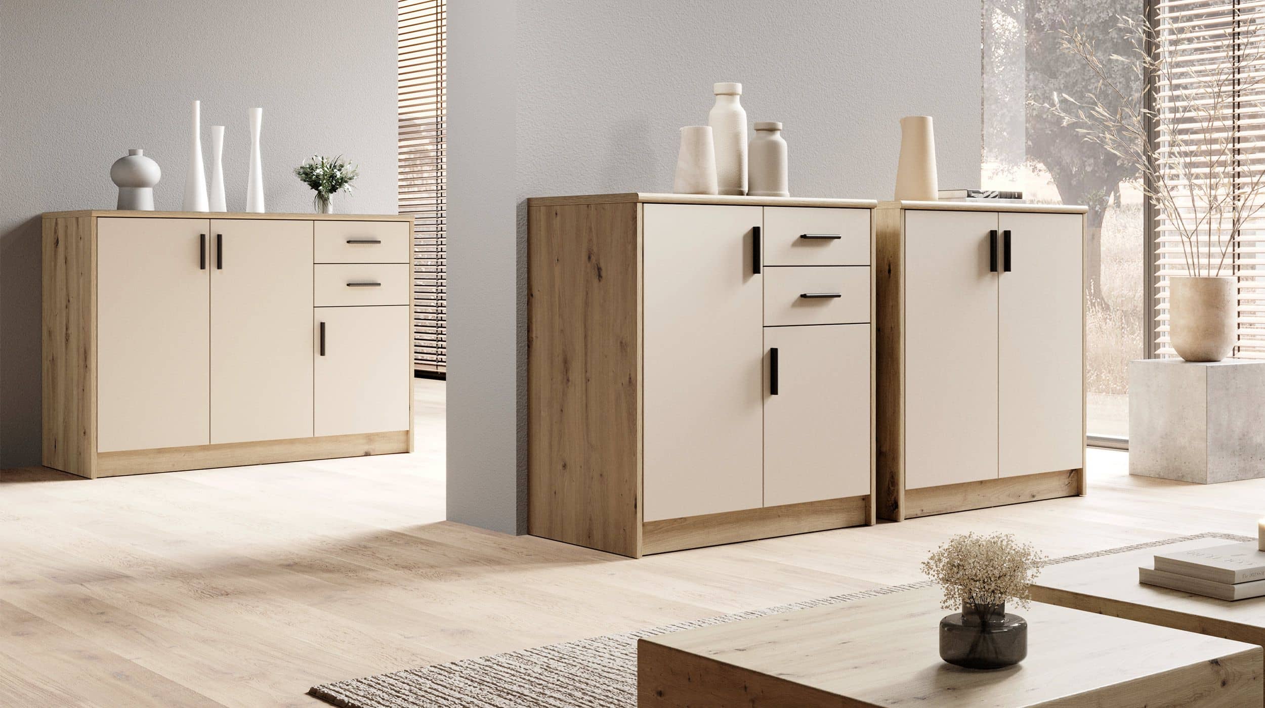 Kommode mit 2 Schubladen beige - Artisan Eiche 109 x 50 cm - NELLY