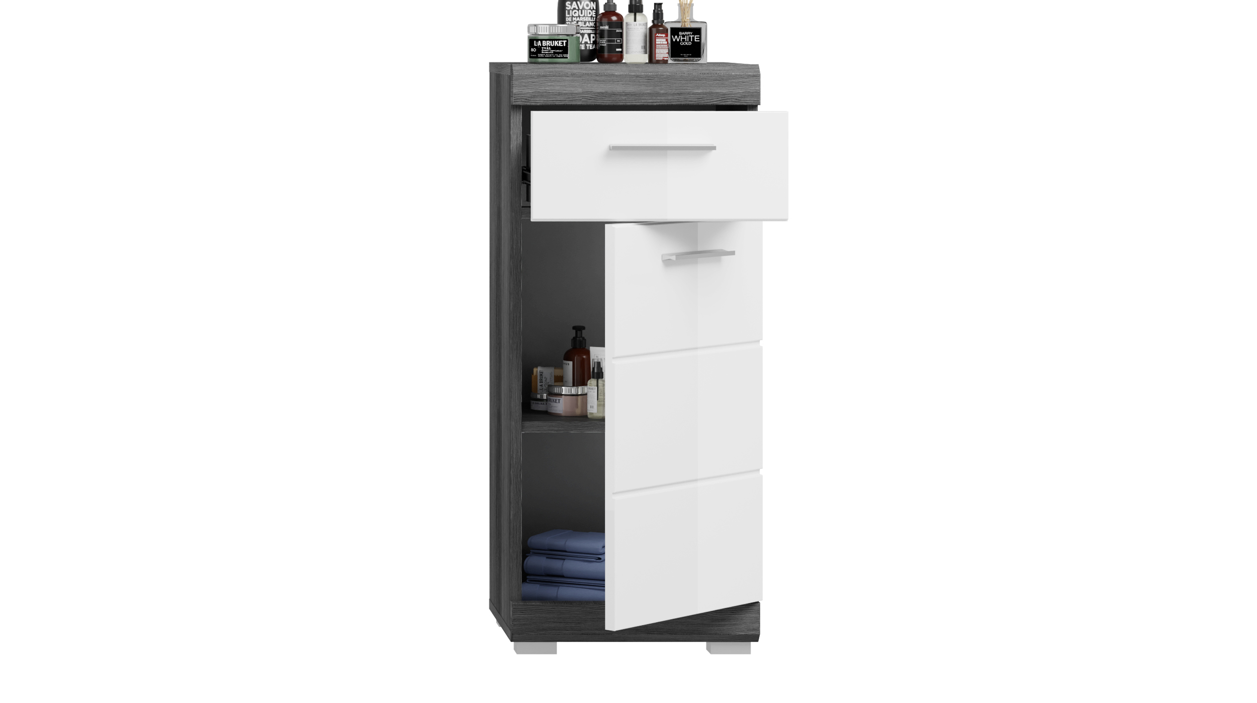 Bad Unterschrank weiß hochglanz - grau 37 cm - 1 Tür 1 Schublade - SCOUT