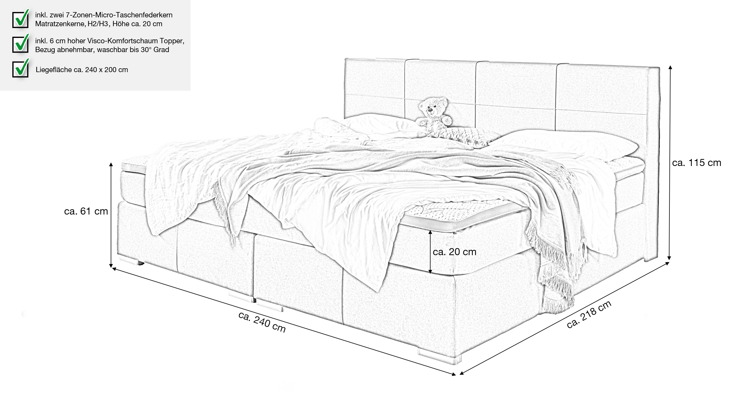 Boxspringbett grau Liegefläche 240 cm - Microfaser - LIZANO