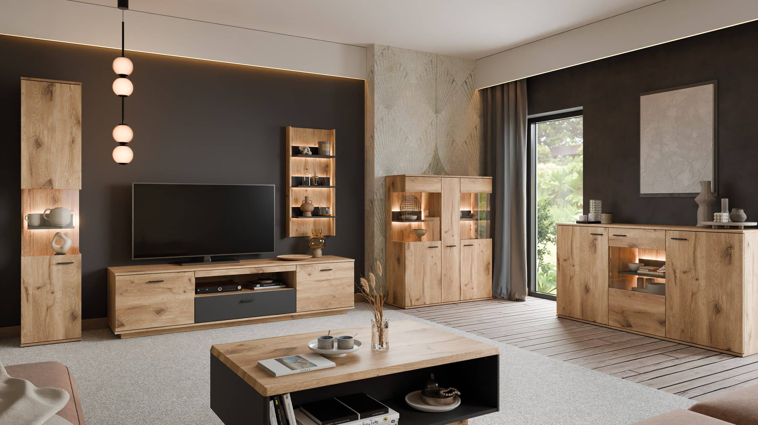 Sideboard mit Glastür Viking Eiche - Beleuchtung 160 cm - PARDOO