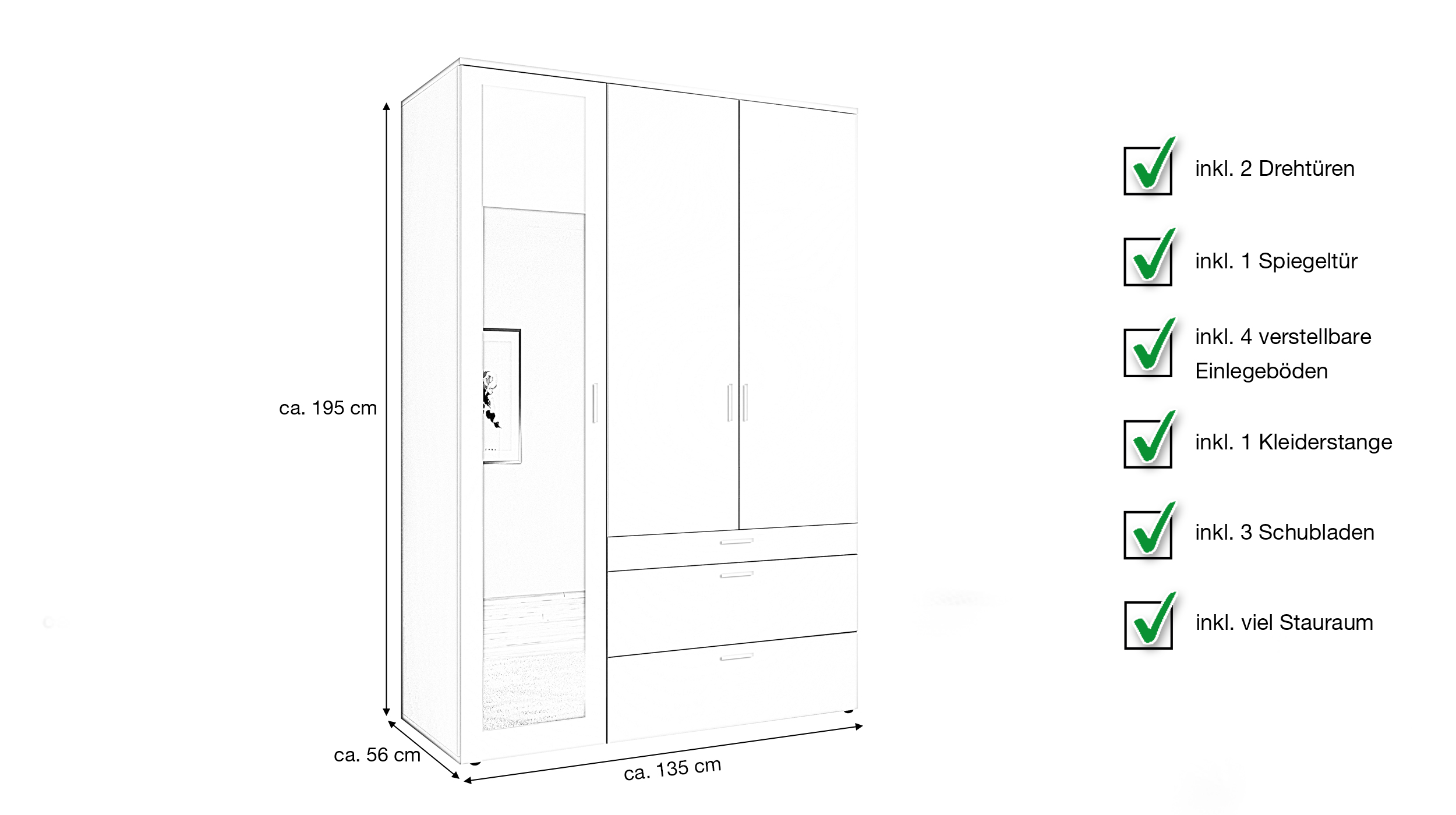 Kleiderschrank graphit mit Spiegel - 135 cm - 3-türig - VESALA
