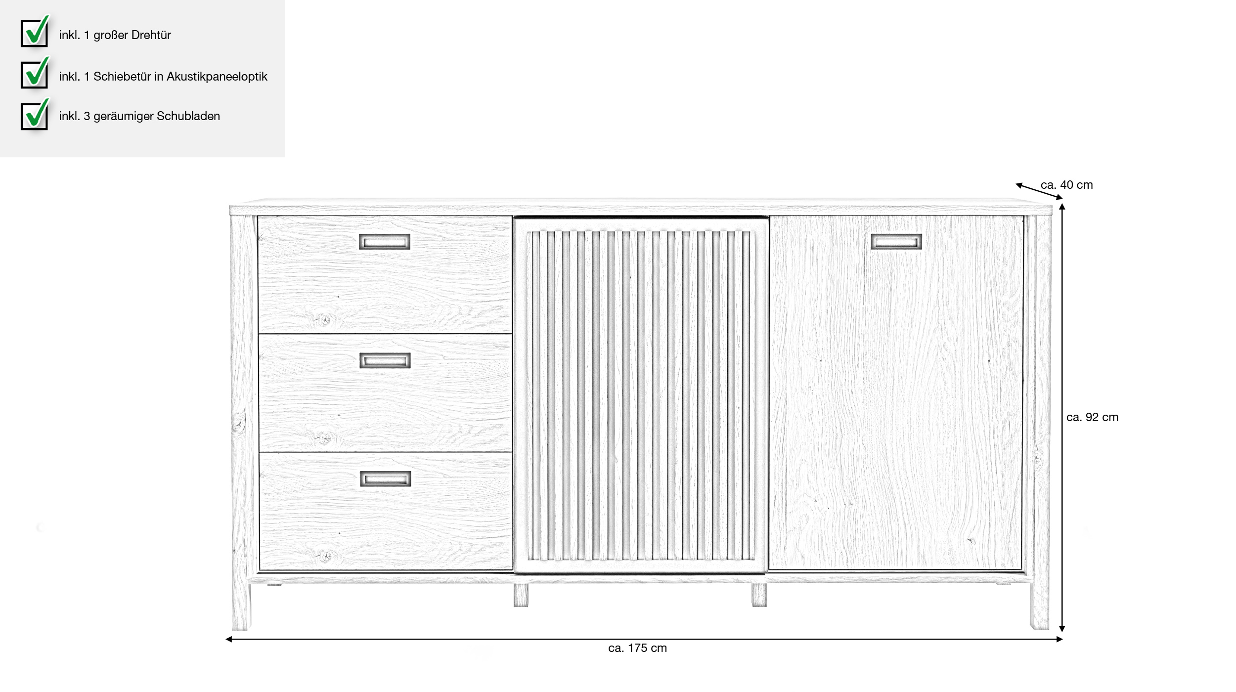 Sideboard - Schiebetür - Mauvella Eiche - schwarz - 175 cm - JYTANA