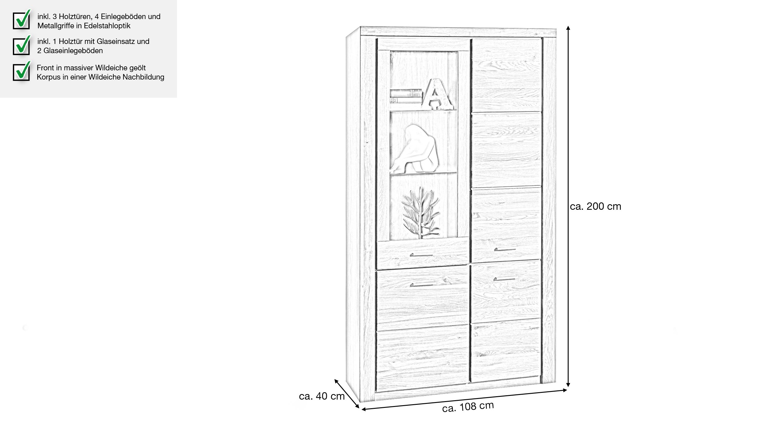 Vitrine mit Glastür Wildeiche teilmassiv geölt Breite 108 cm - FREYJA