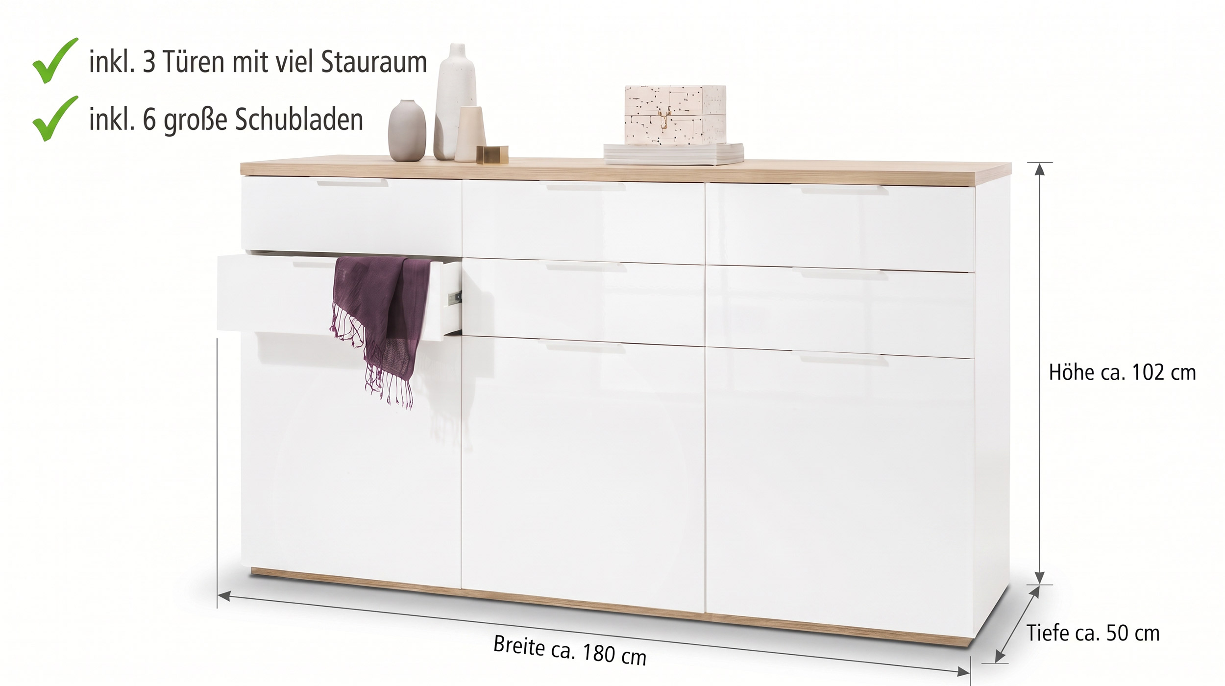 Kommode 180 cm Weiß Hochglanz mit Riviera-Eiche-Dekor - MUNDI
