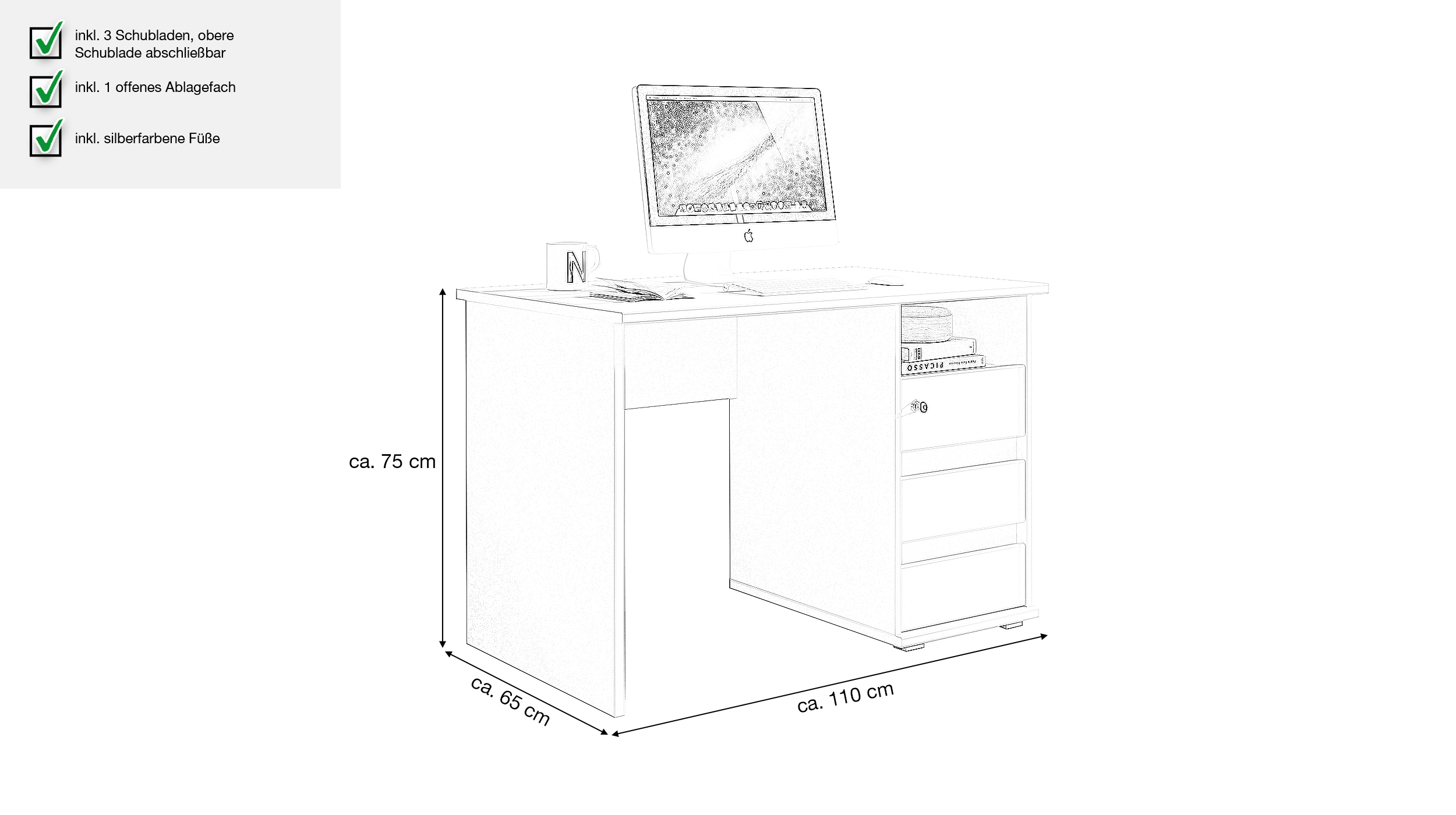 Schreibtisch weiß 110 cm - 3 Schubladen - PRIMUS 