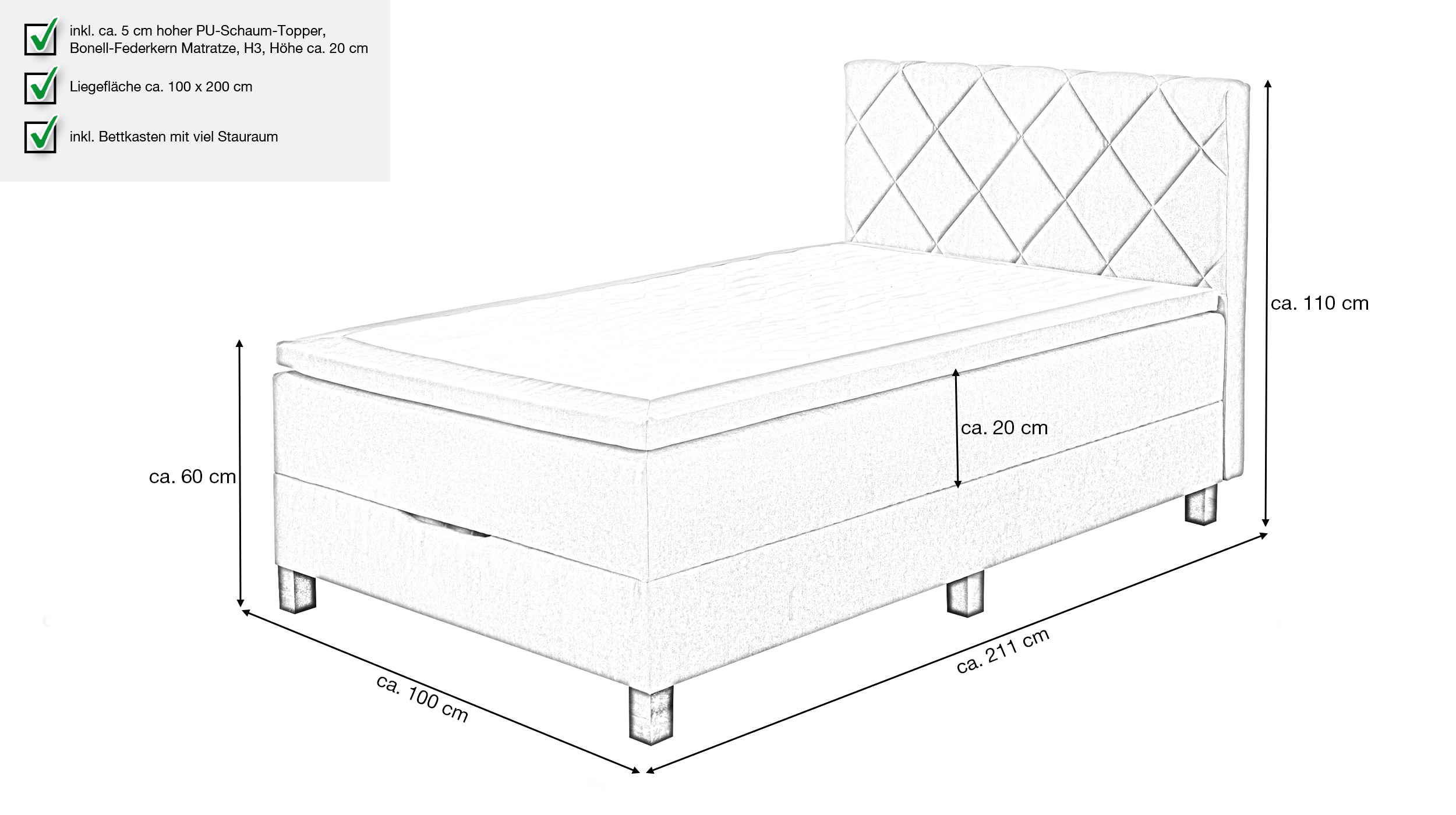 Boxbett 120 x 200 cm grau mit Bettkasten - JEFF