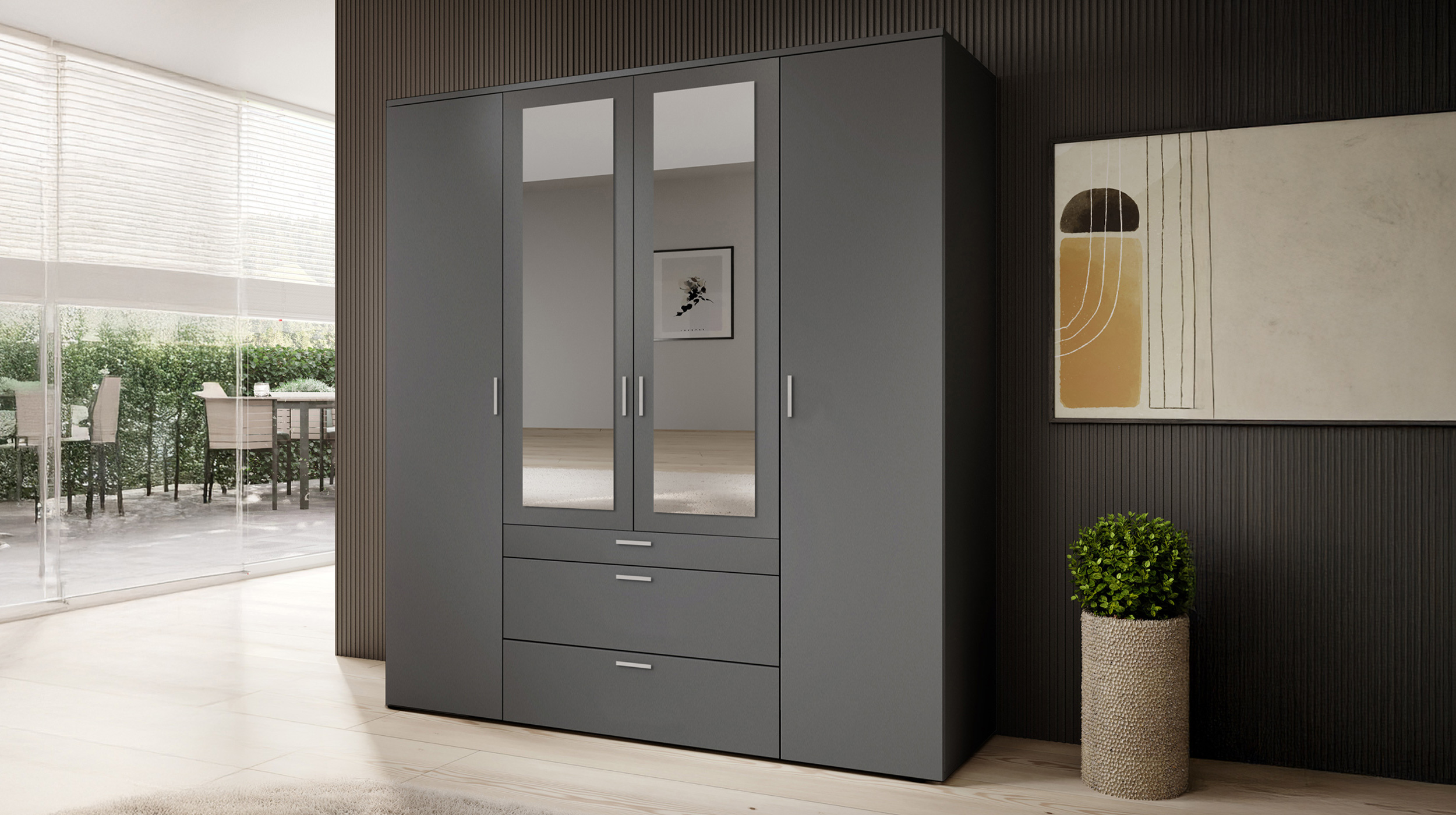 Kleiderschrank graphit mit Spiegel - 180 cm - 4-türig - VESALA