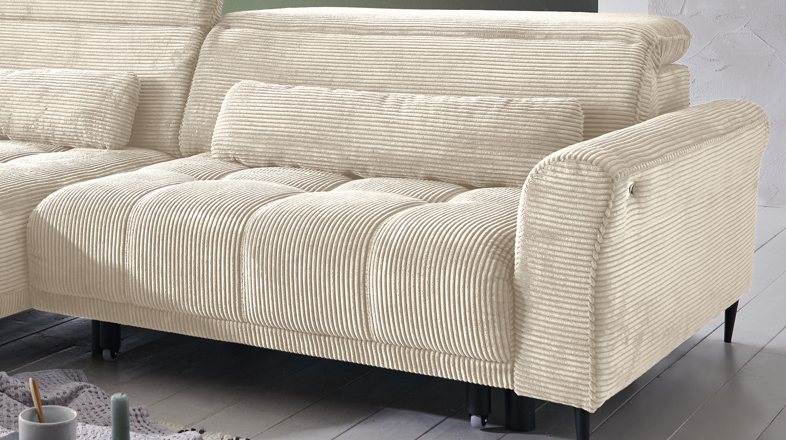 Ecksofa Cord beige ausziehbar - Sitztiefenverstellung - 277 cm - OT links - LOGAN