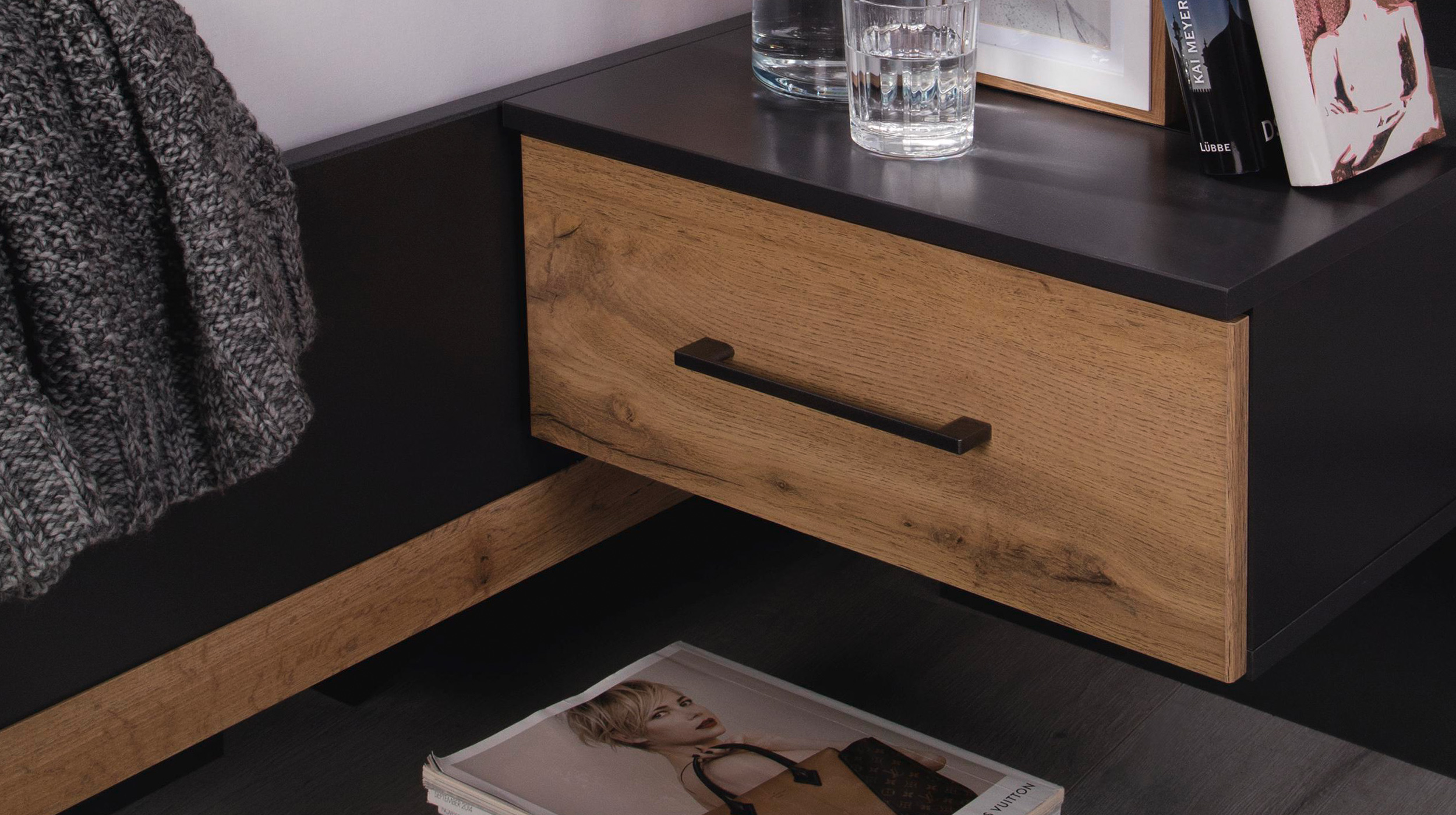 Bettanlage 180 x 200 cm grau - Eiche - Beleuchtung - rauch - BOSTON