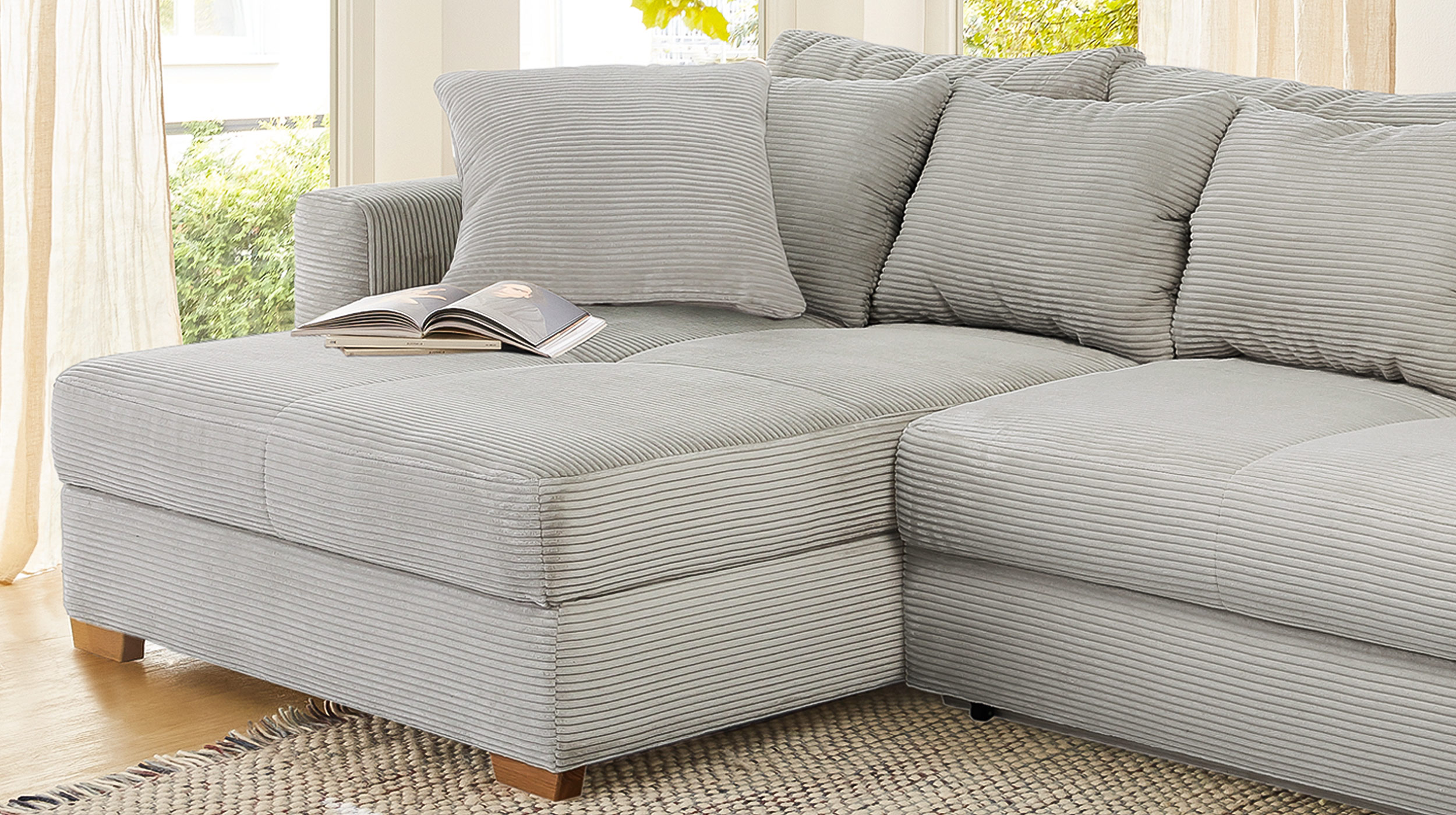 Ecksofa Cord grau-beige Schlaffunktion Bettkasten 288 x 186 cm - KAMPEN