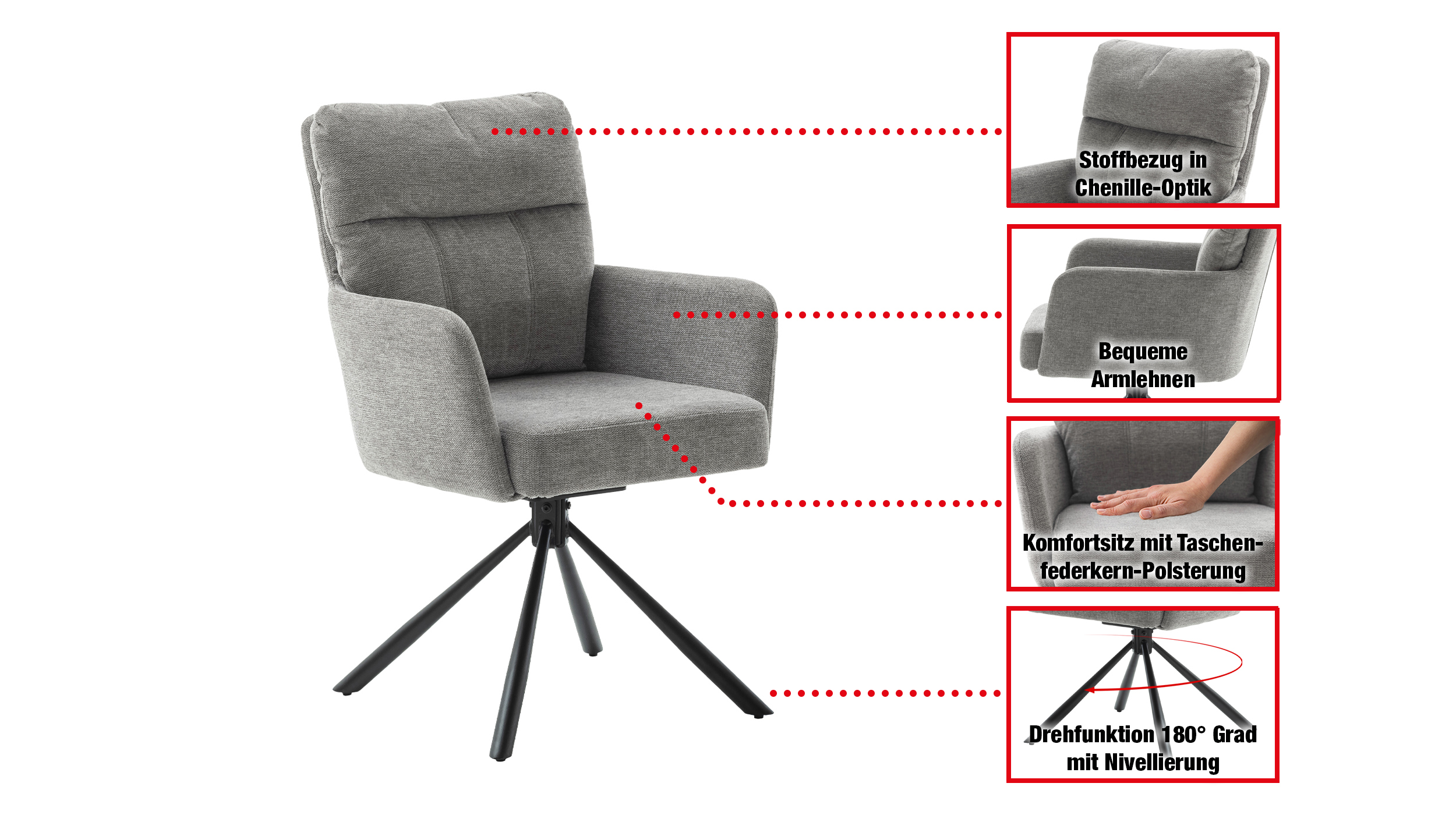 Armlehnstuhl grau Drehstuhl Chenille Optik - UTICA